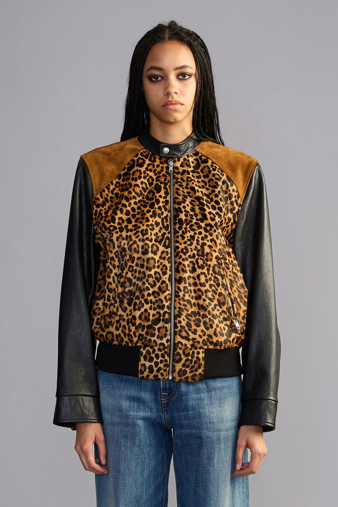 Mix Leather Bomber - Leopard With Black - R13