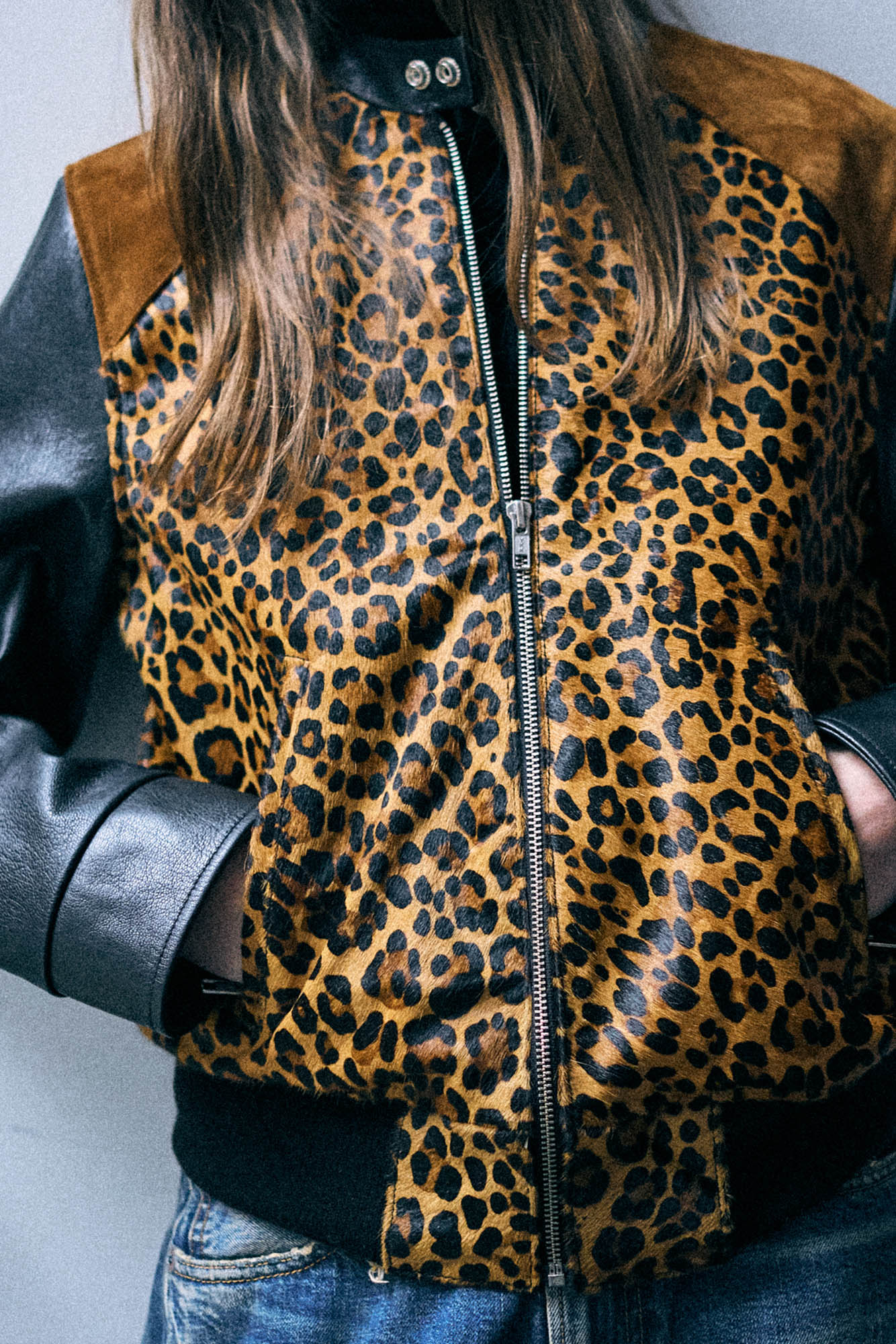 Mix Leather Bomber - Leopard With Black - R13