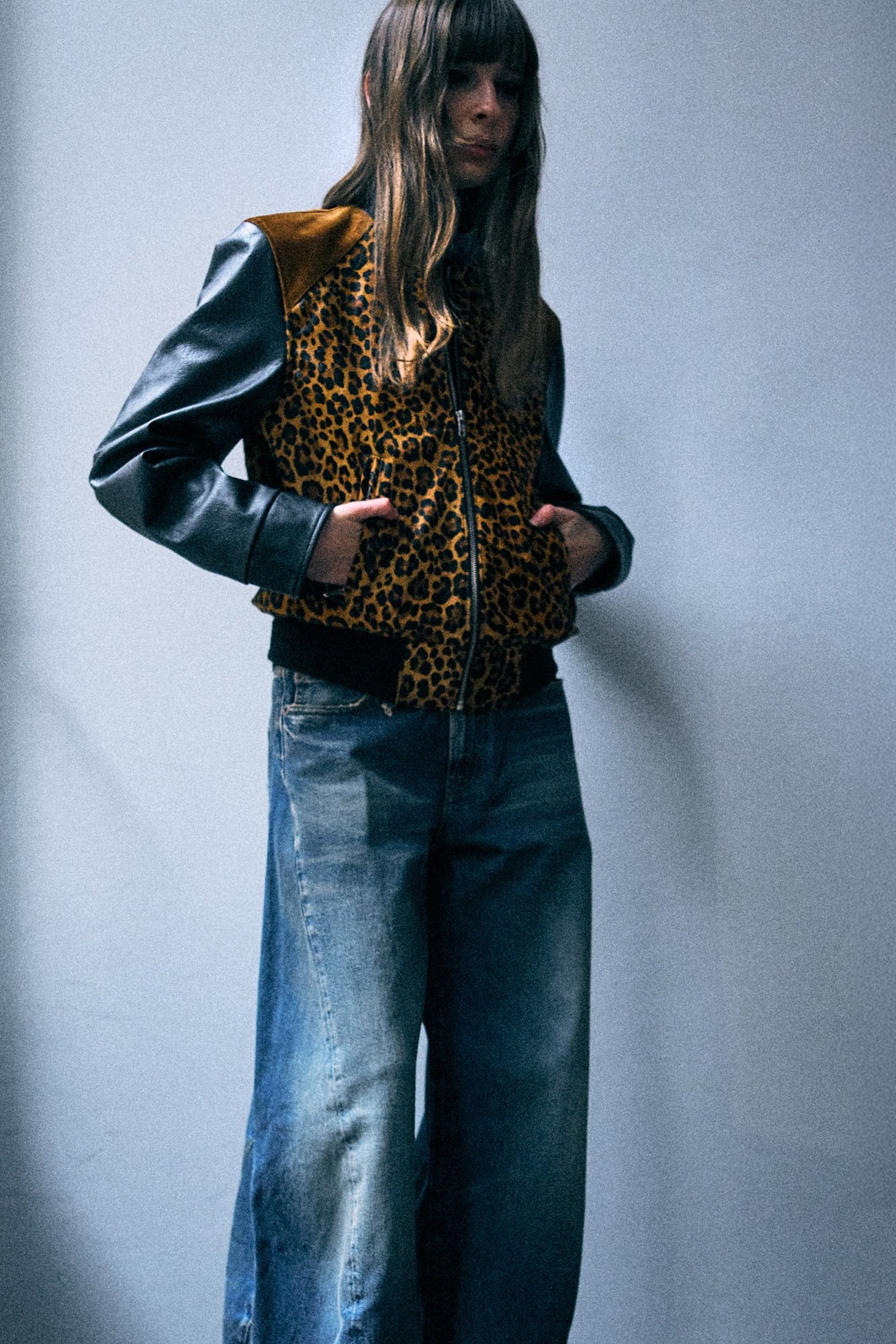 Mix Leather Bomber - Leopard With Black - R13