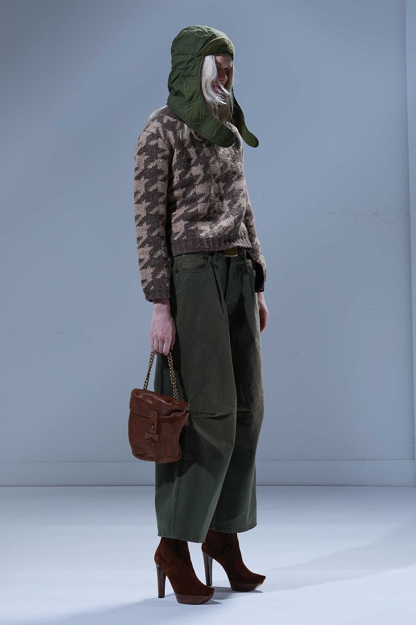 MOCK COLLAR SHRUNKEN SWEATER - BROWN WITH TAN HOUNDSTOOTH - R13