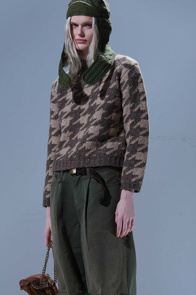 MOCK COLLAR SHRUNKEN SWEATER - BROWN WITH TAN HOUNDSTOOTH