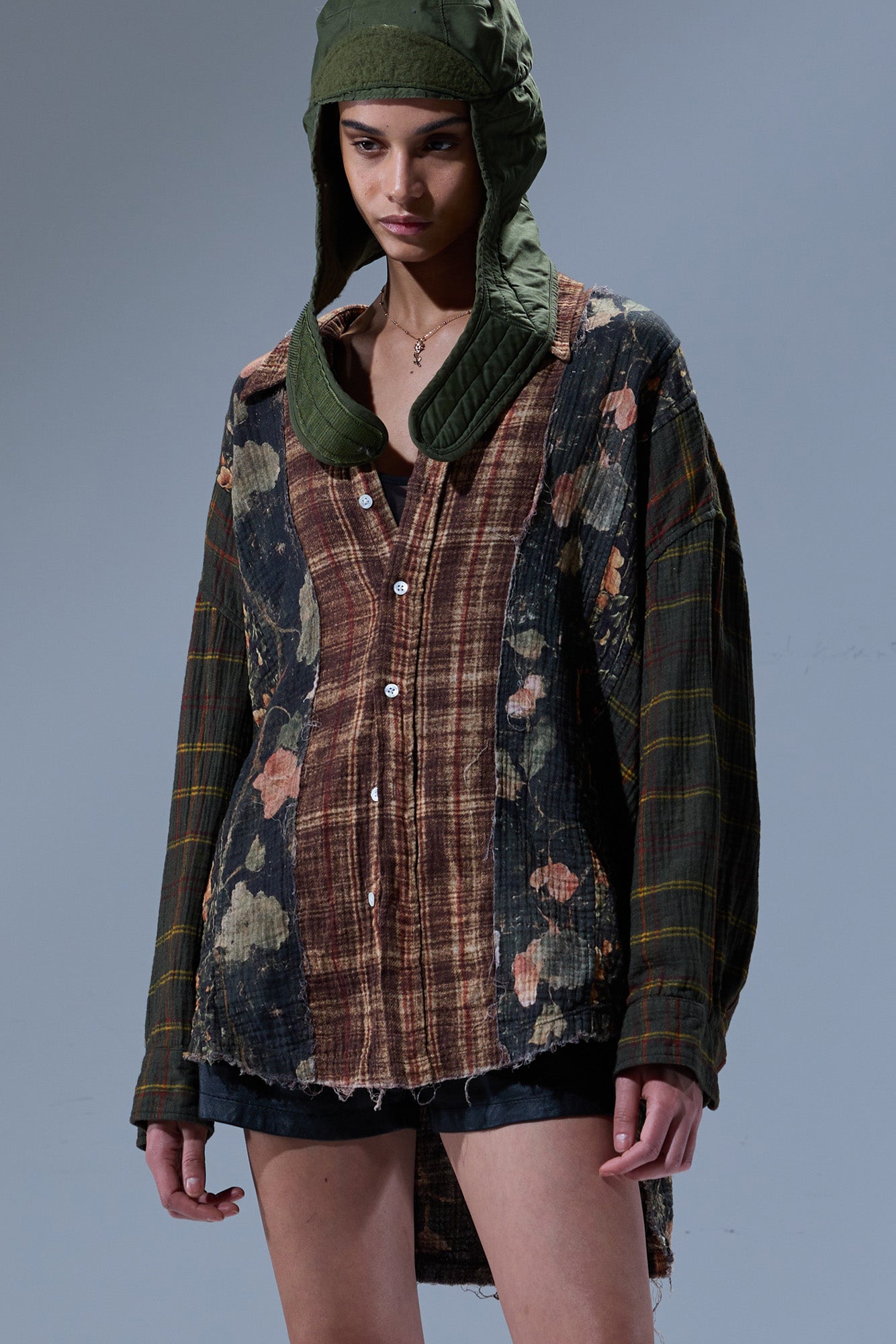 MULTI-STRIP DROP NECK SHIRT - MULTI-PRINT BROWN - R13