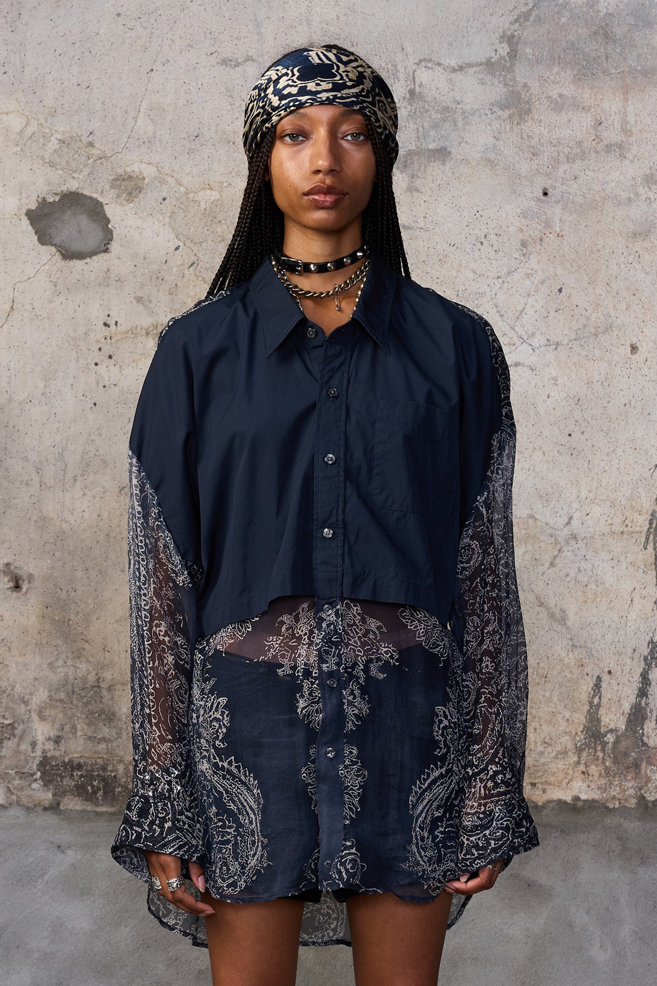 OVERLAY DROP NECK SHIRT - NAVY BLUE ABSTRACT BANDANA - R13