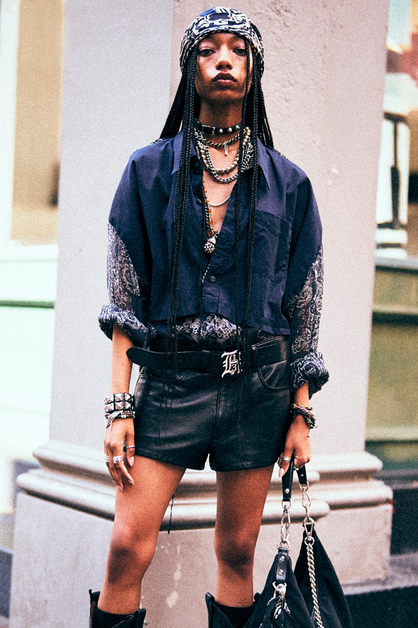 OVERLAY DROP NECK SHIRT - NAVY BLUE ABSTRACT BANDANA - R13