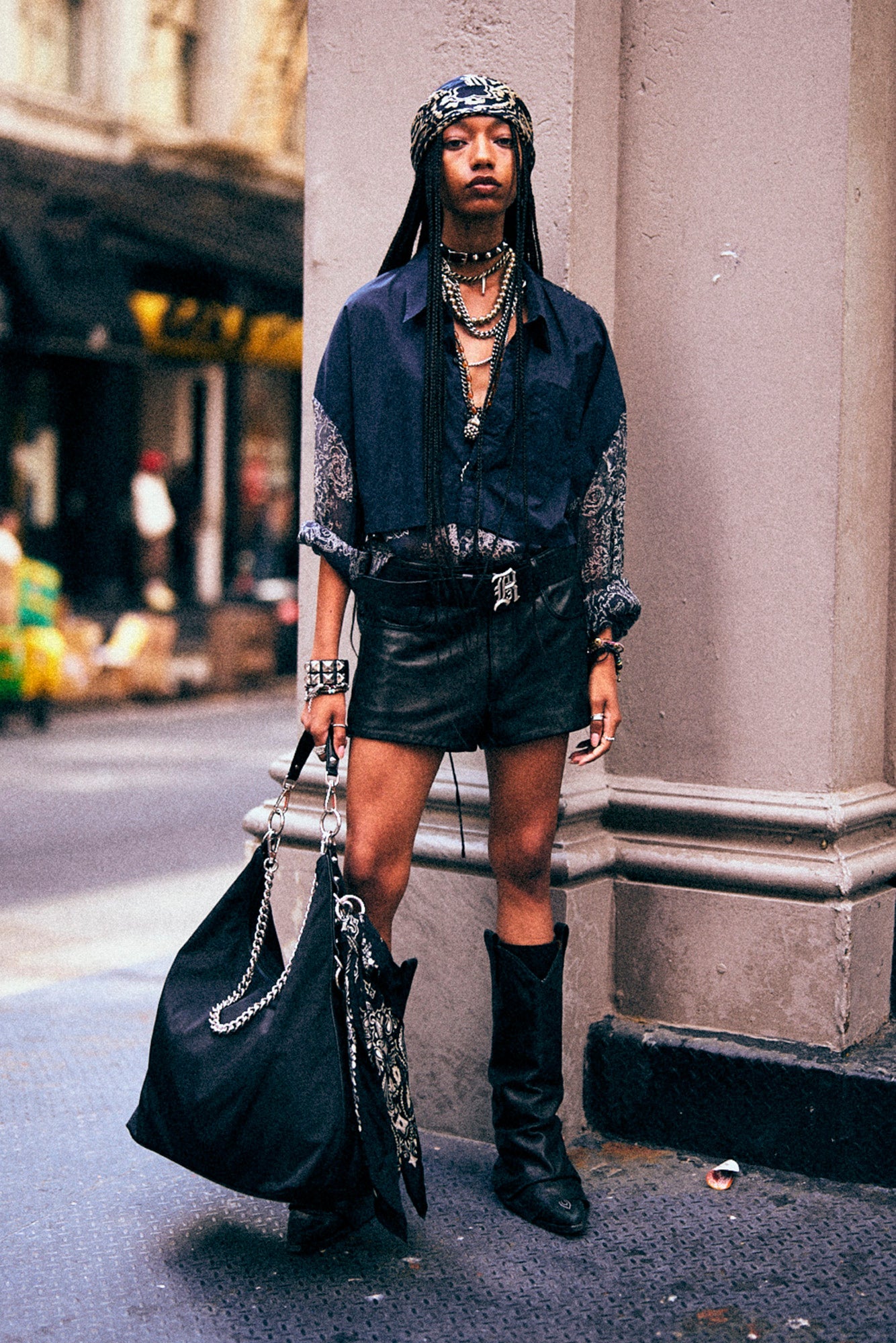 OVERLAY DROP NECK SHIRT - NAVY BLUE ABSTRACT BANDANA - R13