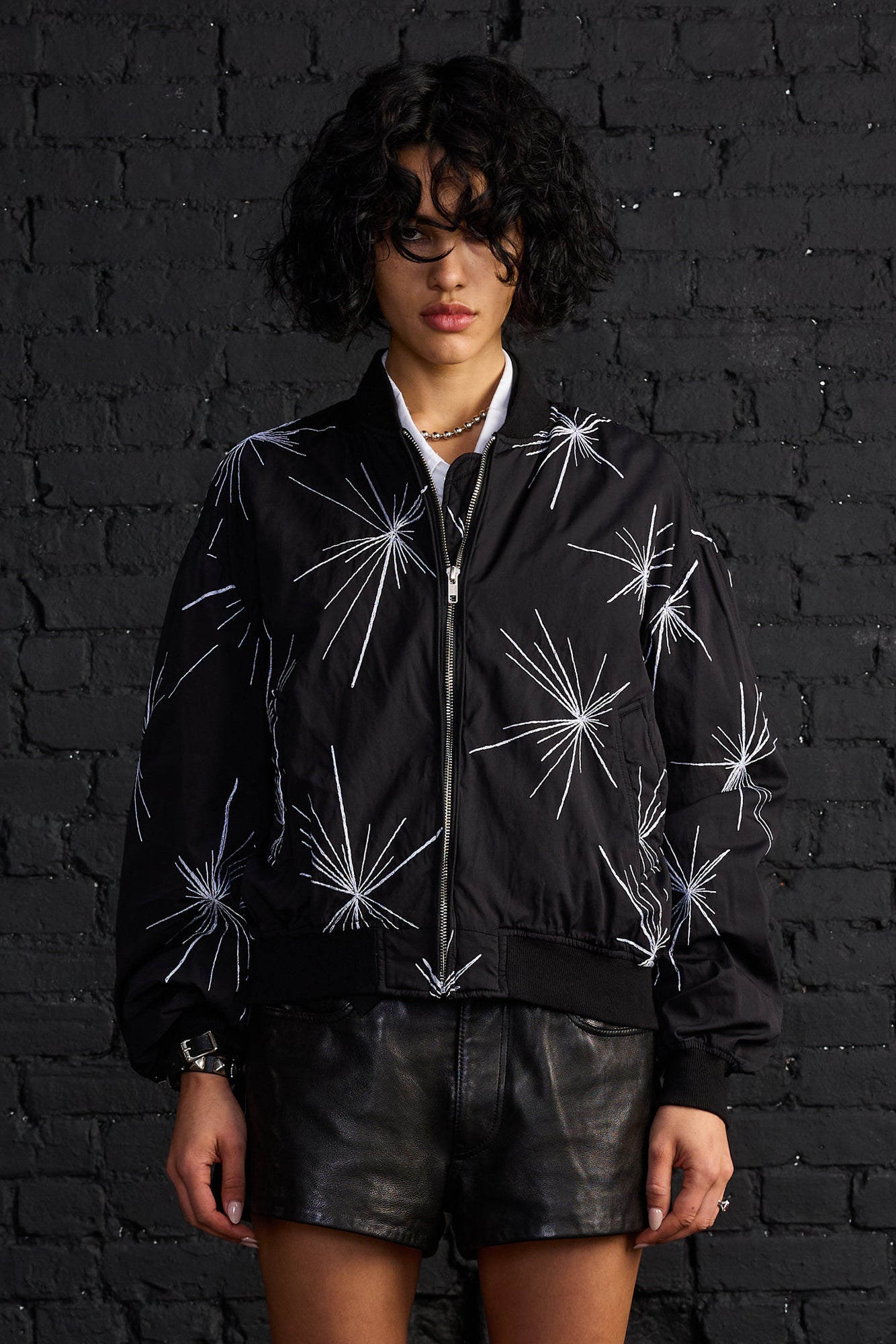 Oversized Bomber - White Embroidery On Black - R13