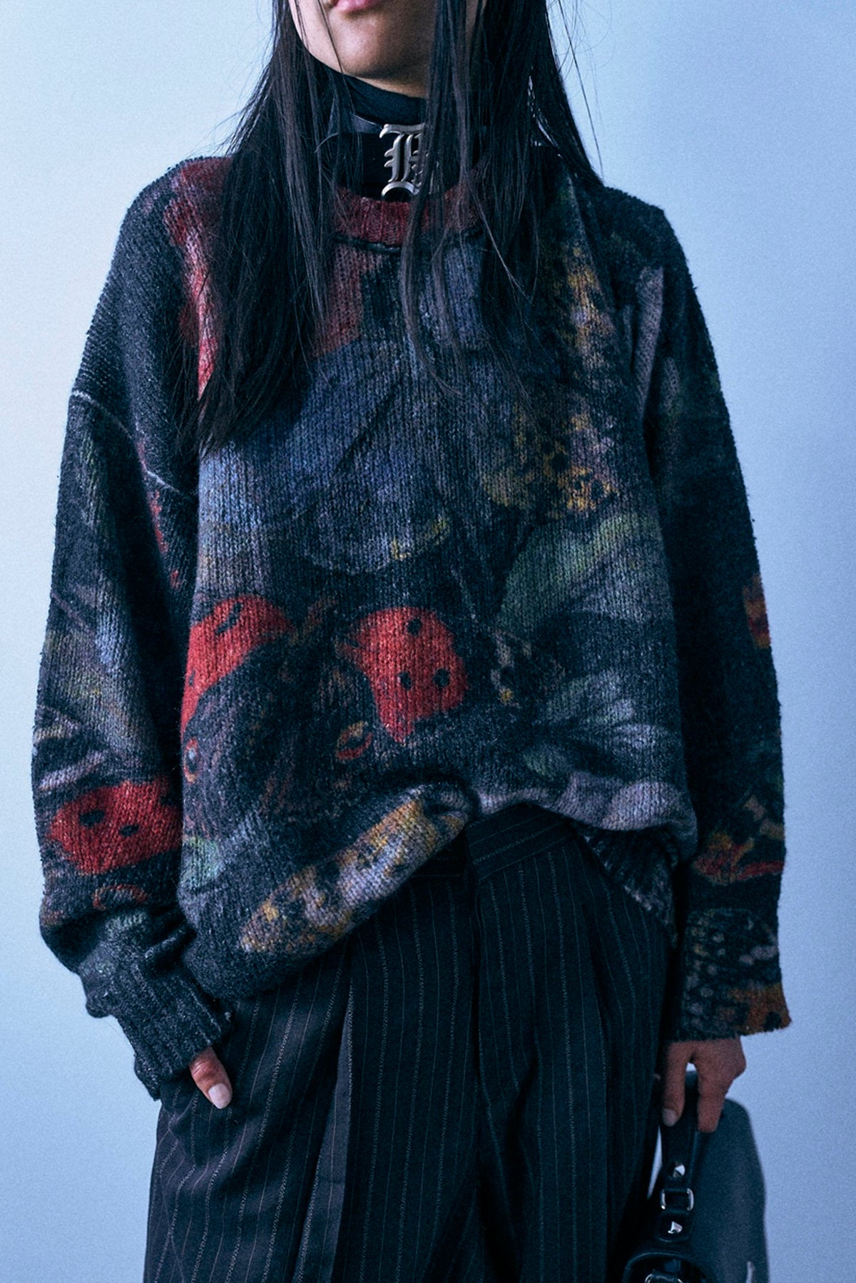 Oversized Crewneck Sweater - Red Blue Black Butterfly - R13