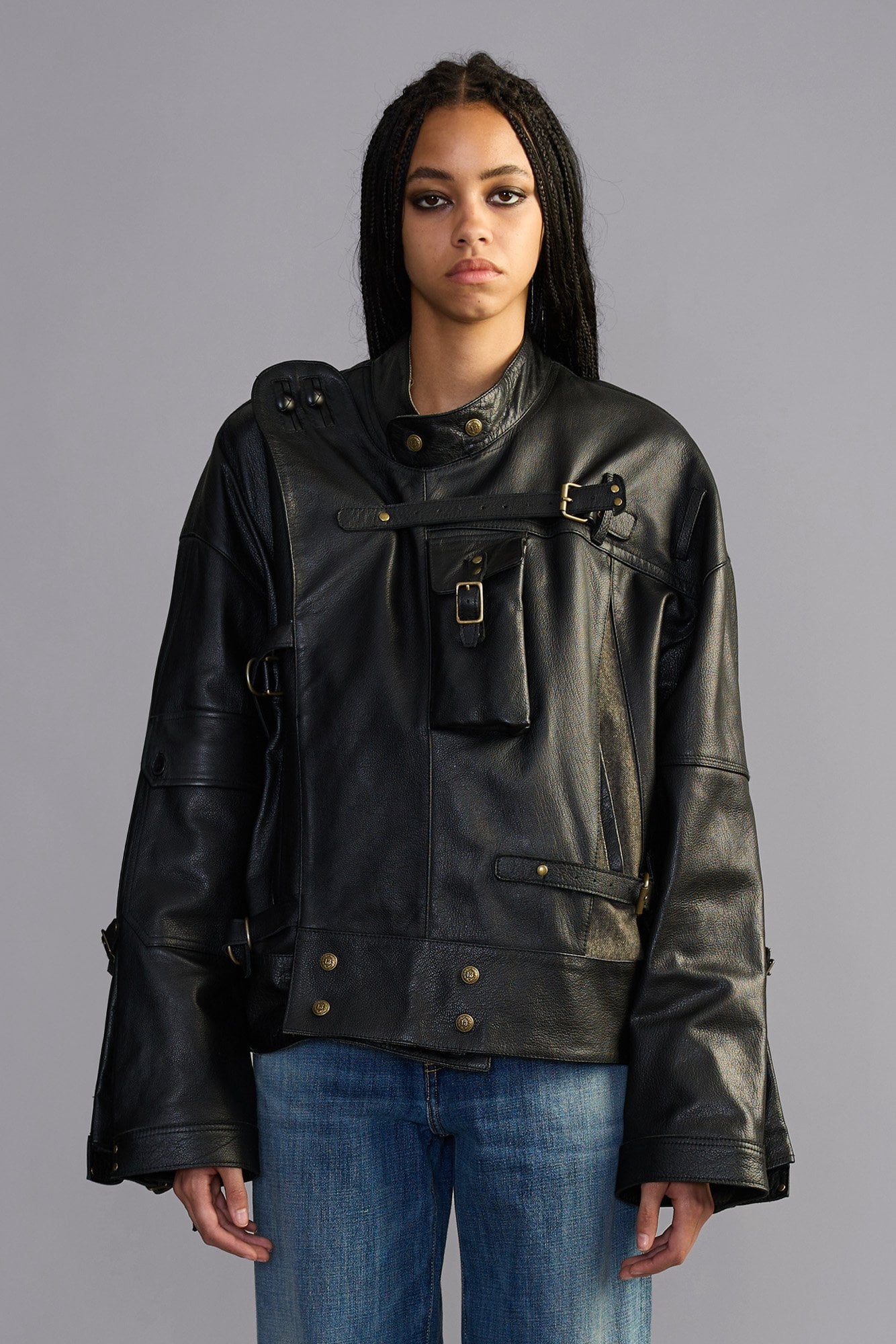 Oversized Cropped Messenger Leather Jacket - Black - R13