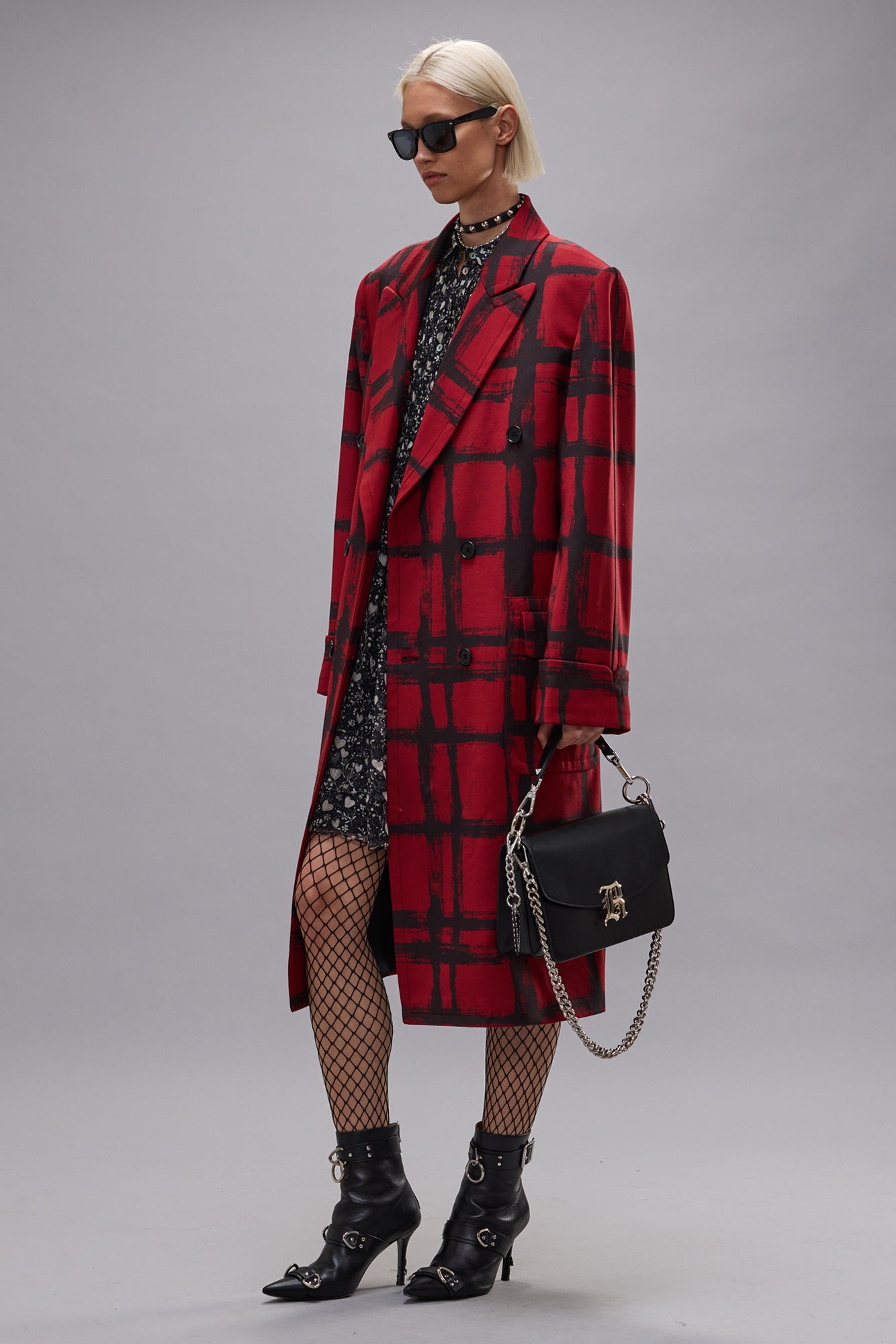 OVERSIZED DOUBLE-BREASTED COAT - RED BLACK PLAID - R13