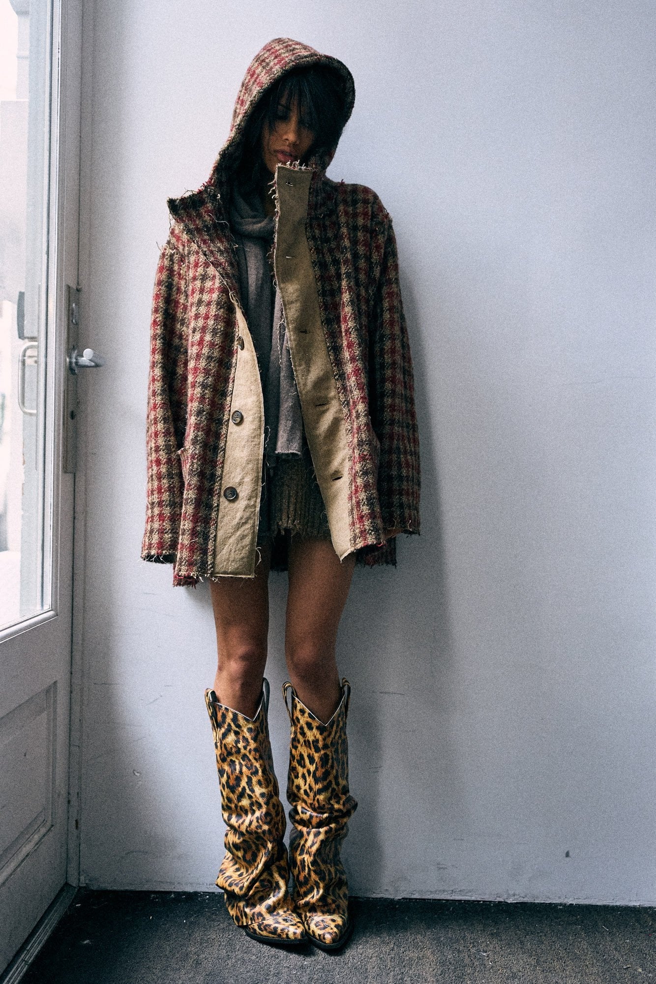 Oversized Hooded Jacket - Khaki Red Check - R13