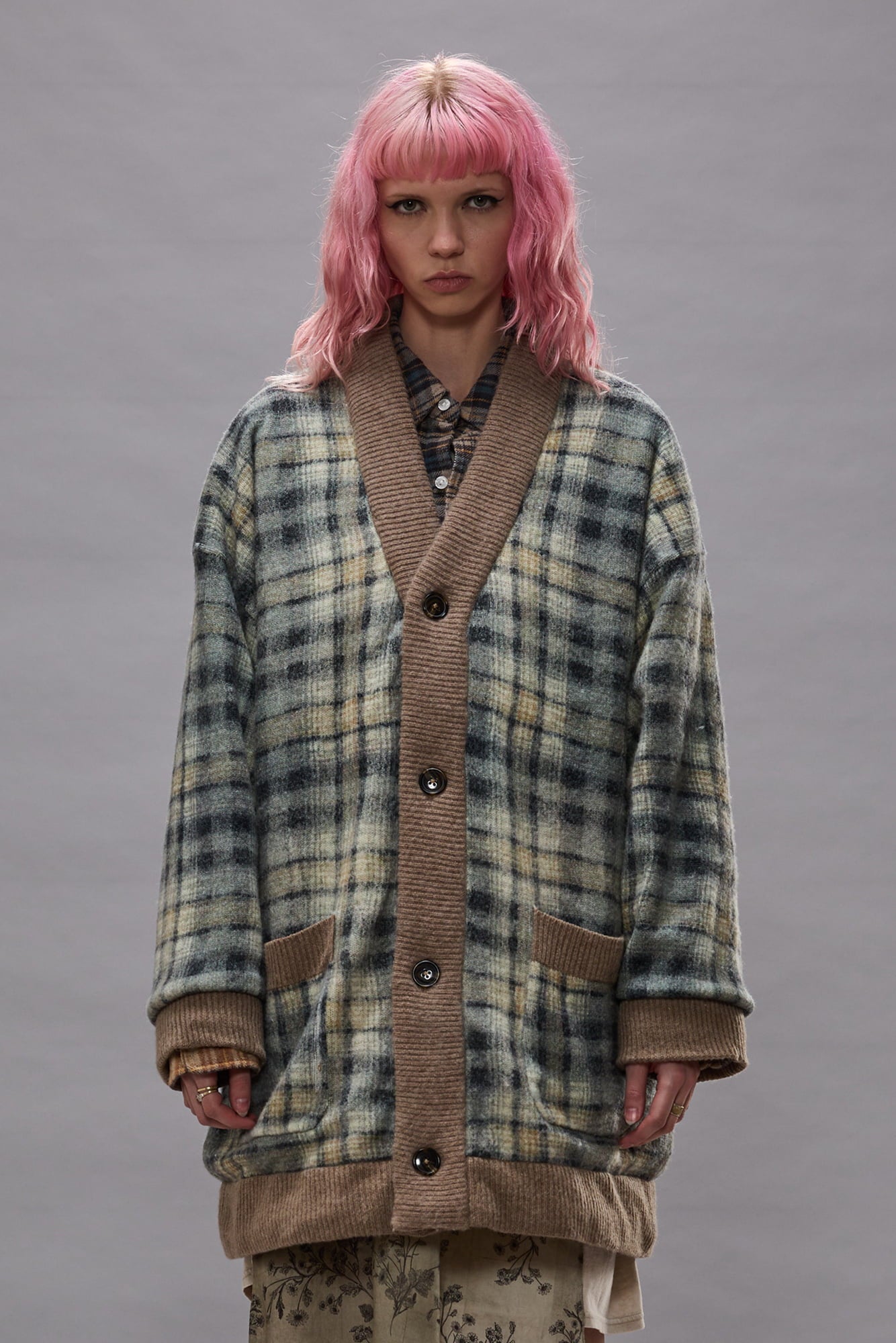 Oversized Padded Cardigan - Grey Black Plaid - R13