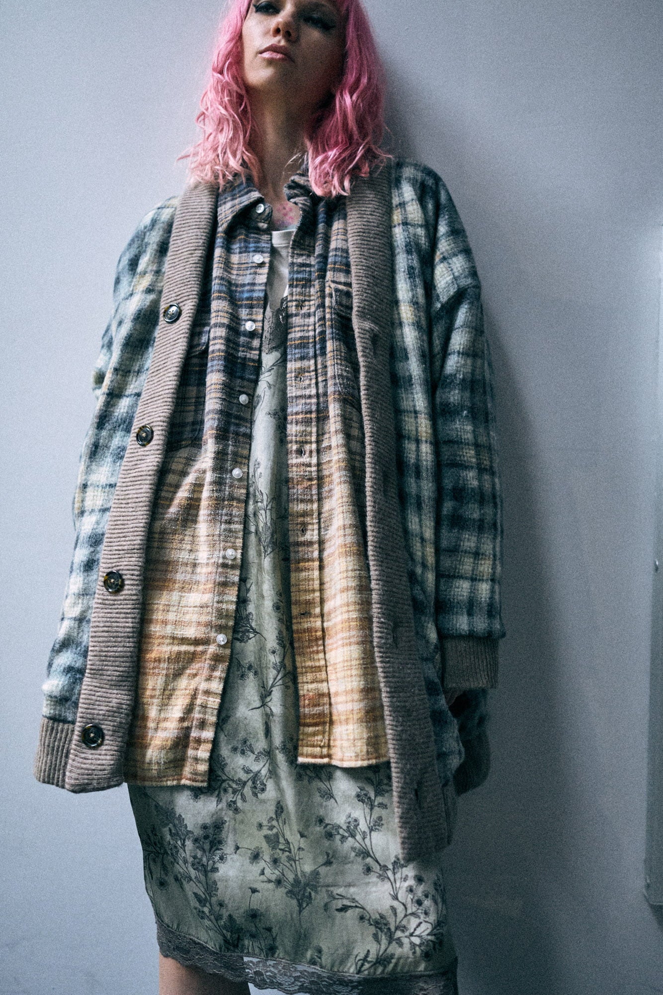 Oversized Padded Cardigan - Grey Black Plaid - R13