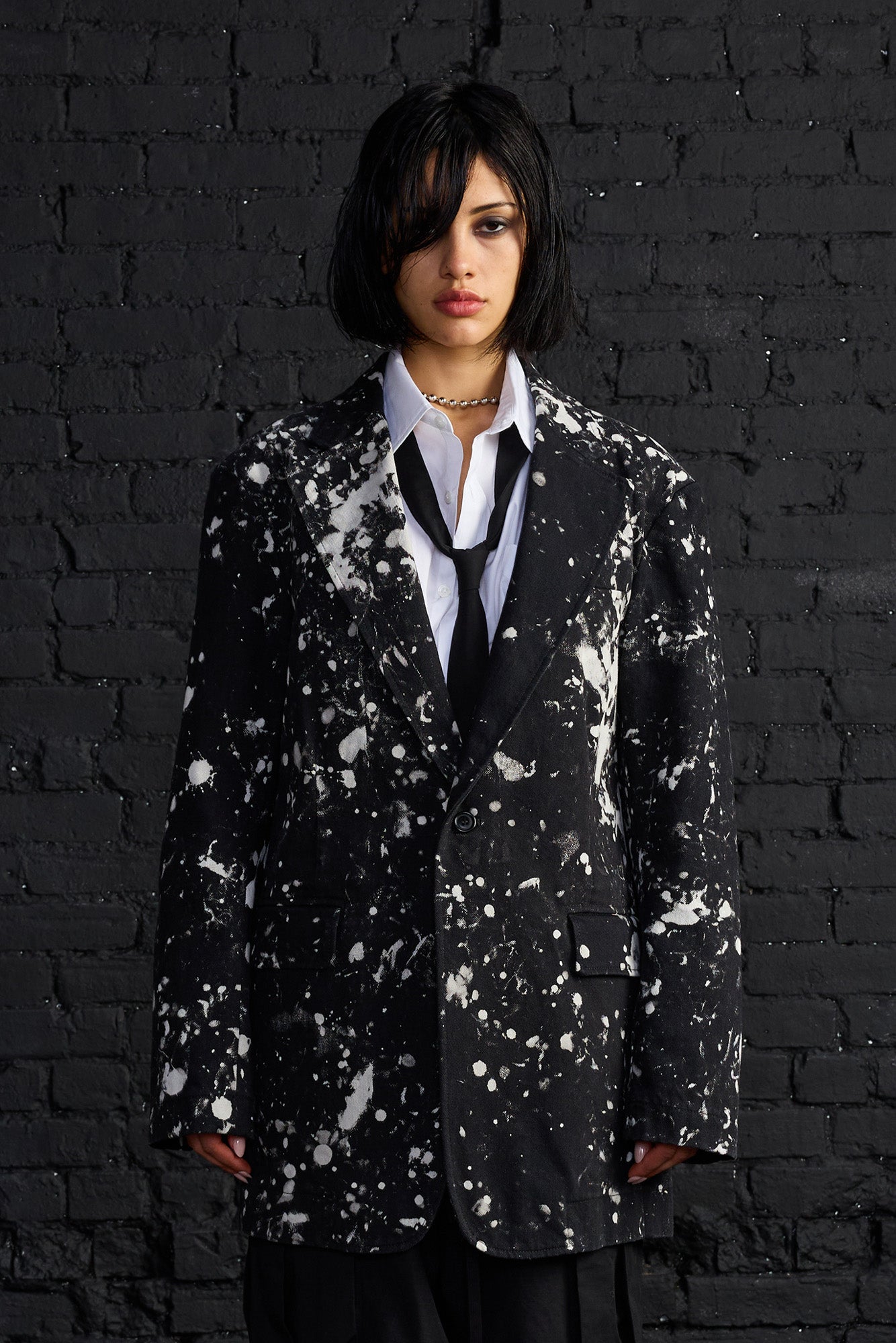 Oversized Ragged Blazer - Black With White Splatter - R13