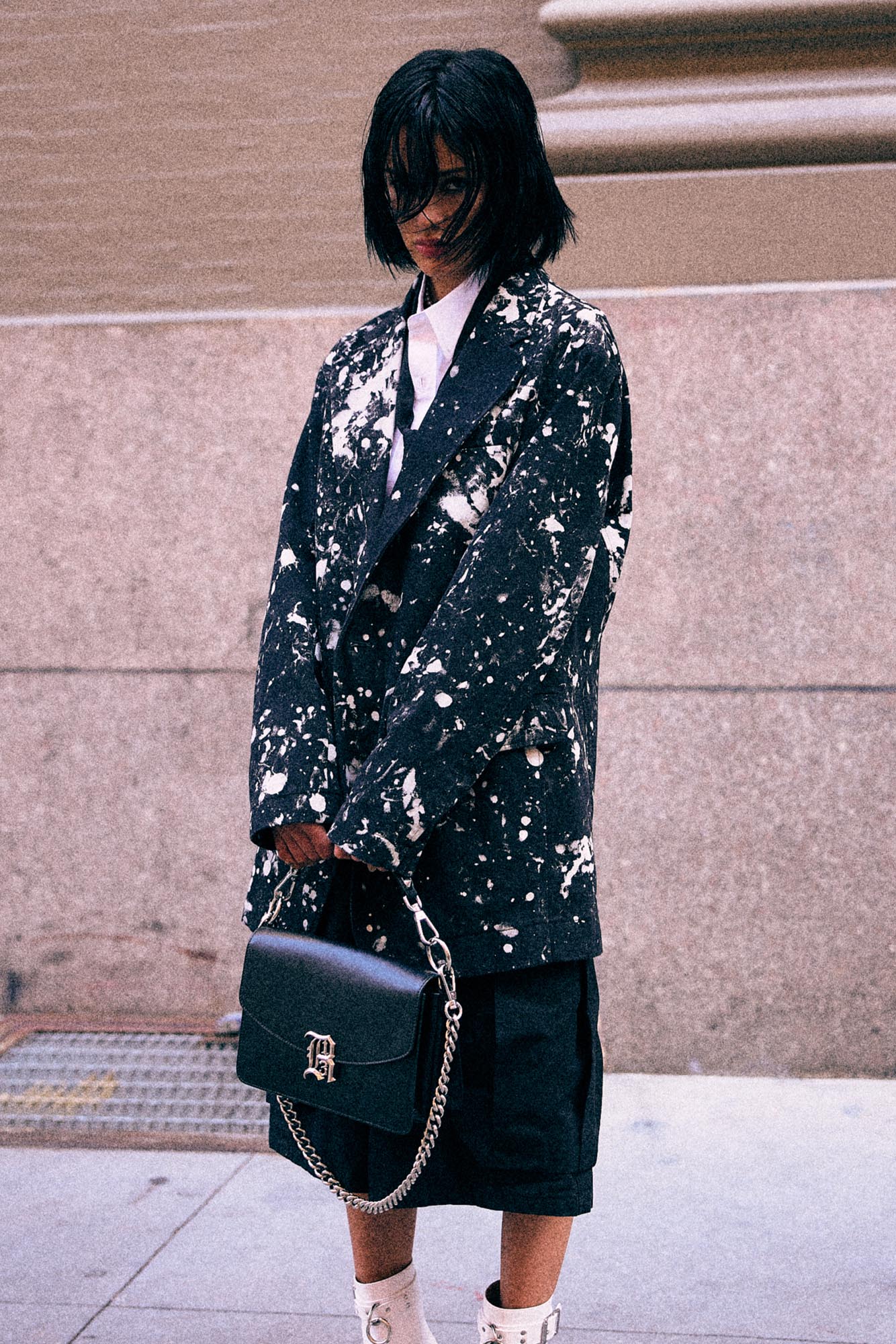 Oversized Ragged Blazer - Black With White Splatter - R13