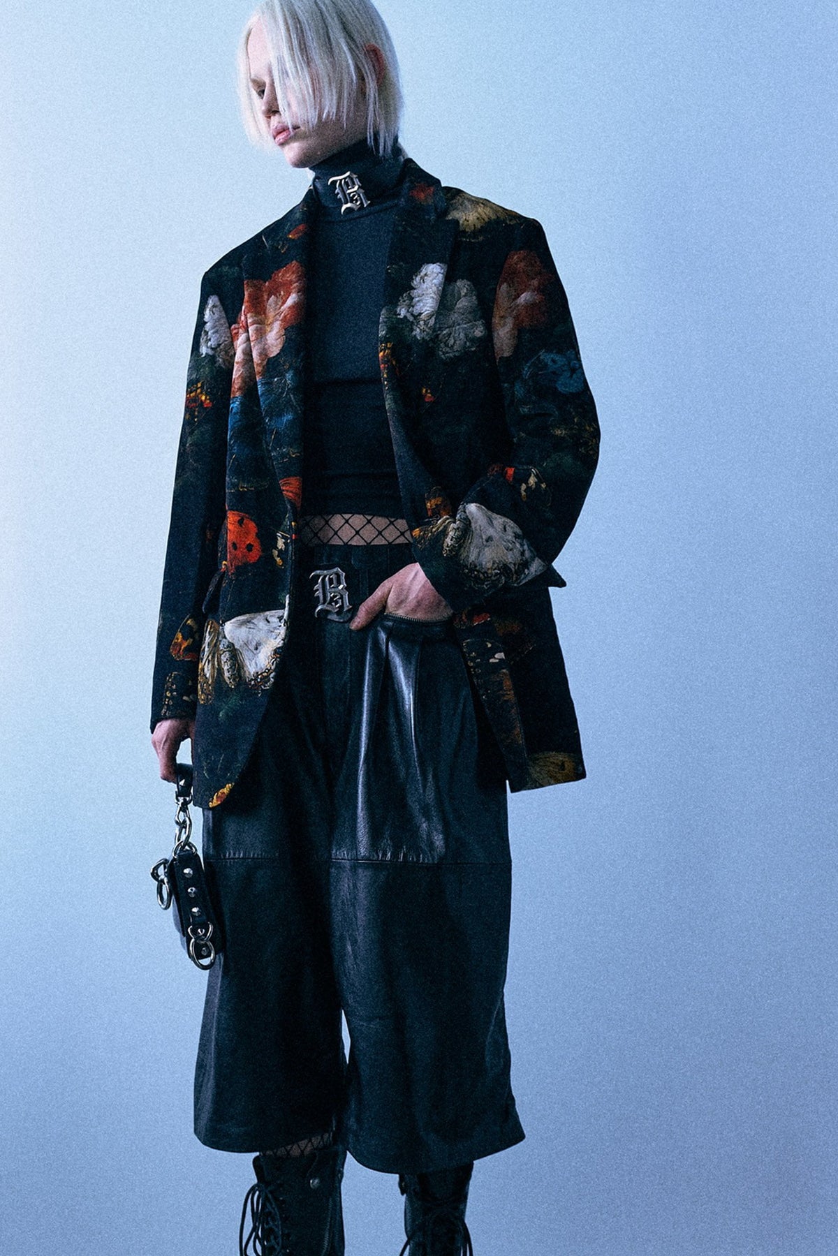 Oversized Ragged Blazer - Floral Butterfly On Black - R13