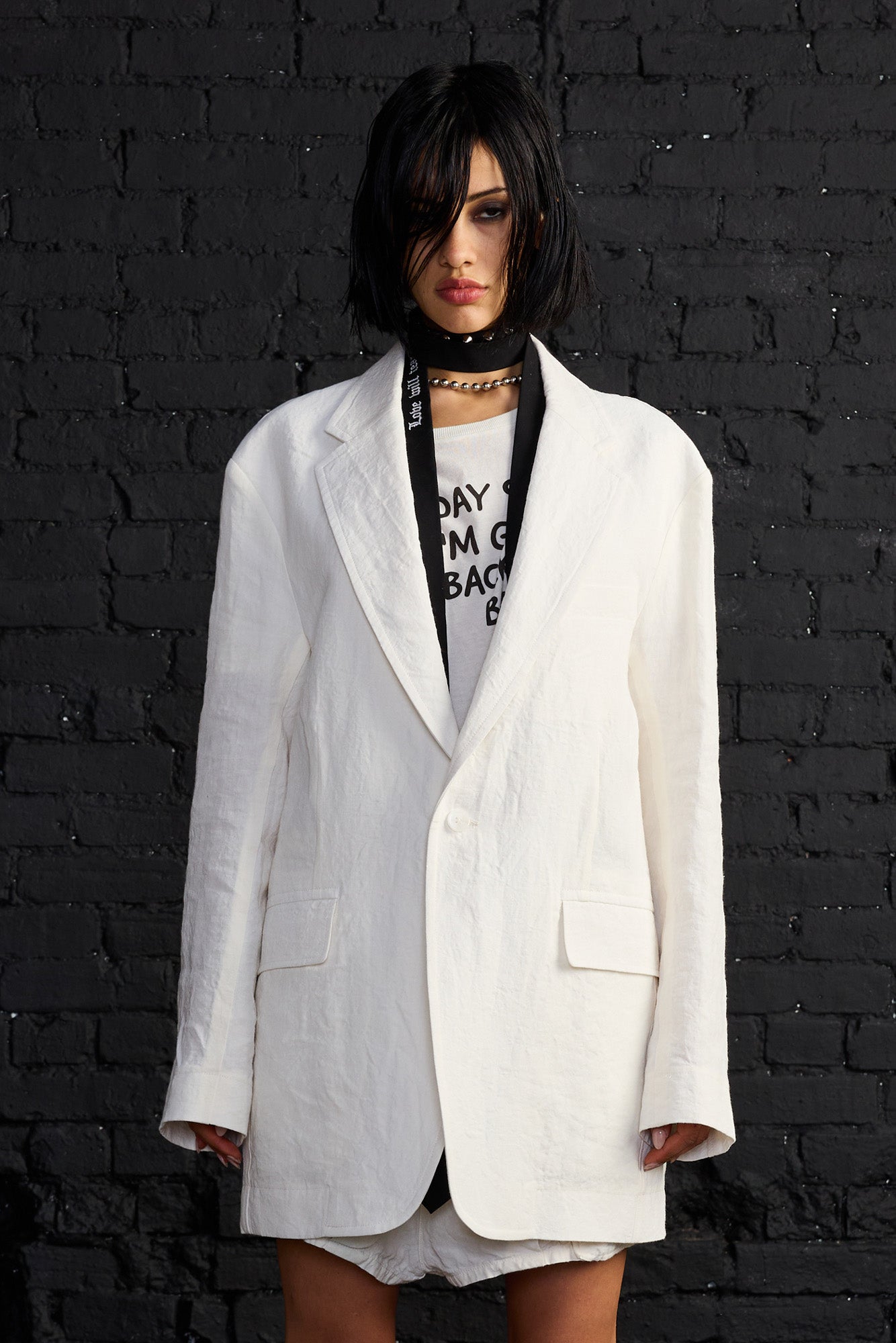 Oversized Ragged Blazer - White - R13
