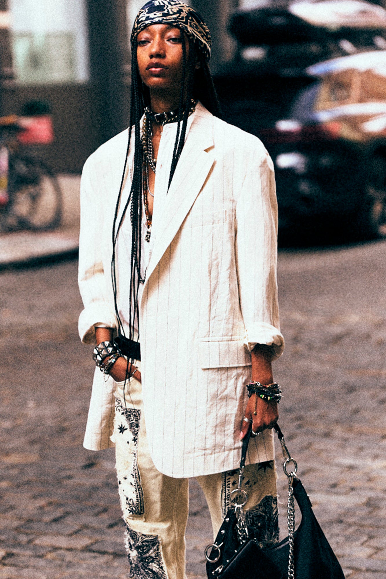 OVERSIZED RAGGED BLAZER - WHITE MINI STRIPE