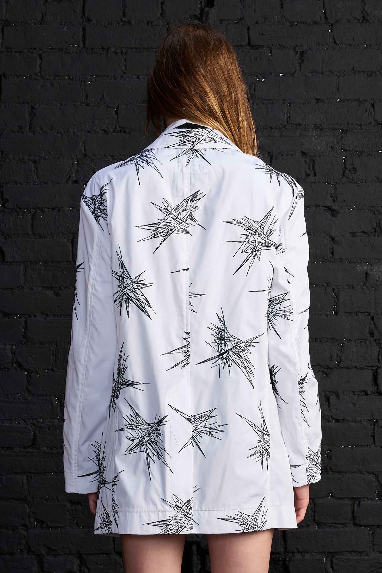 Oversized Ragged Blazer - White With Black Embroidery - R13