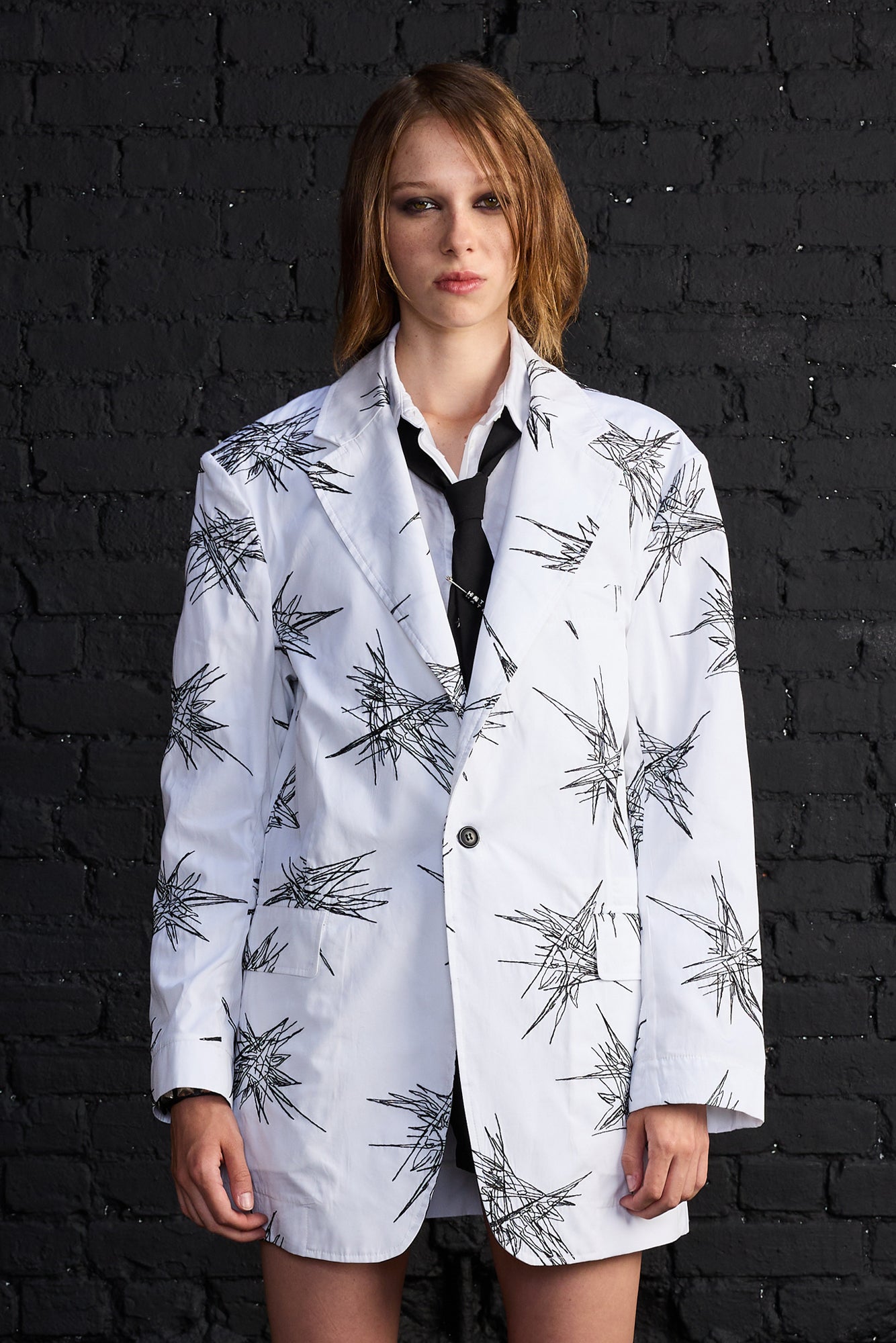 Oversized Ragged Blazer - White With Black Embroidery - R13