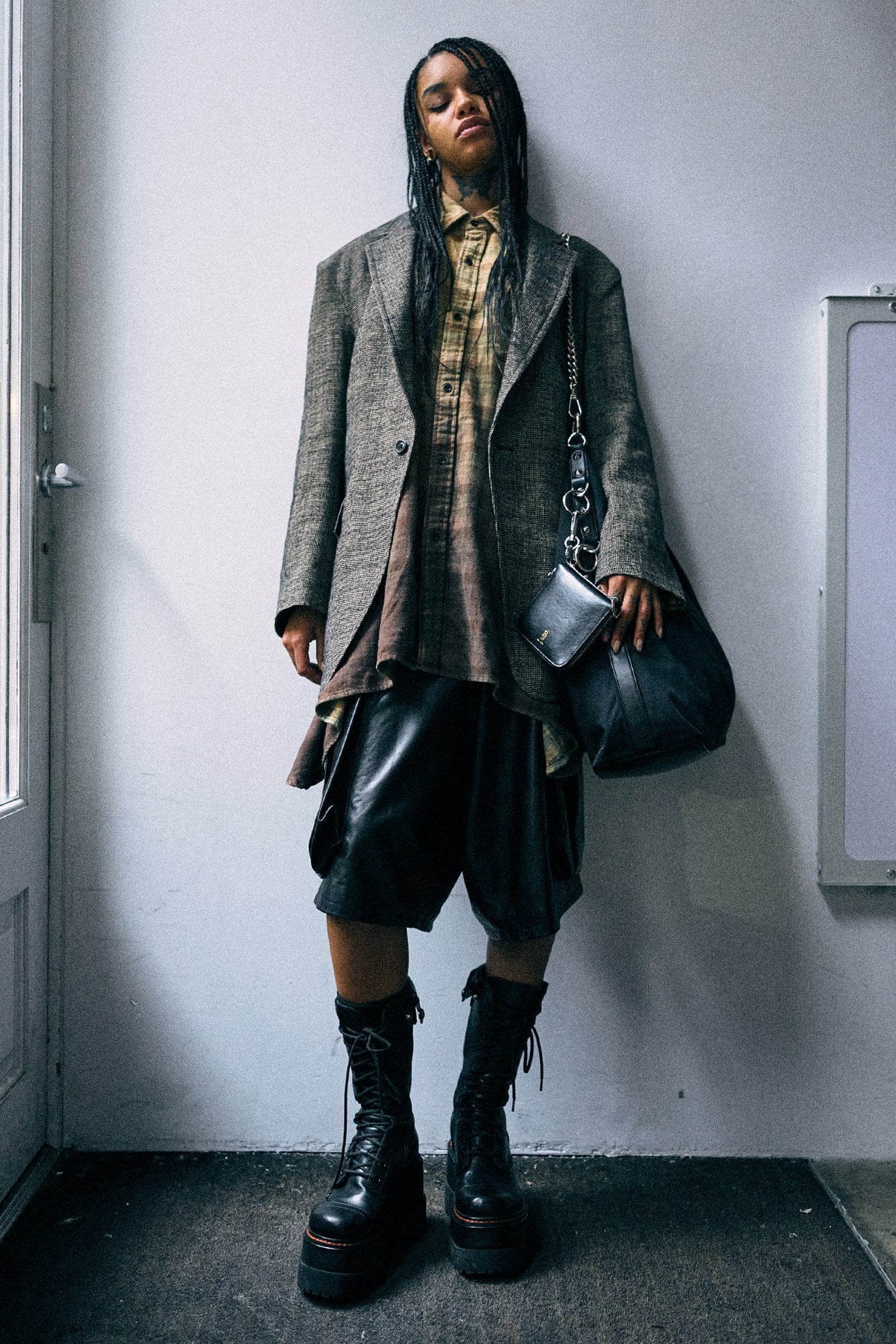 Oversized Ragged Blazer With Combo Sleeve Lining - Khaki Black Mini Houndstooth - R13