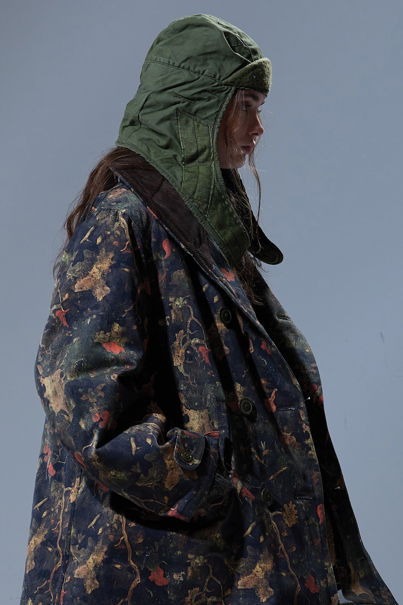 OVERSIZED SHAWL LAPEL COAT - LEAF CAMO BROWN - R13