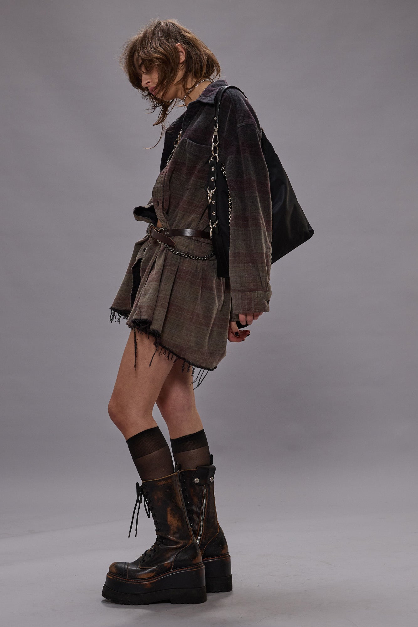 OVERSIZED SHIRTDRESS ROMPER - OVERDYED BLACK PLAID - R13