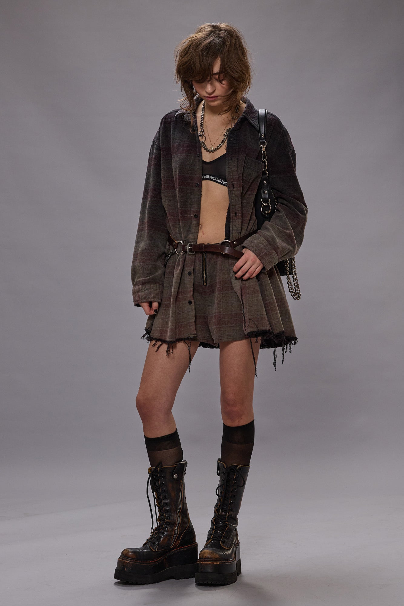 OVERSIZED SHIRTDRESS ROMPER - OVERDYED BLACK PLAID - R13