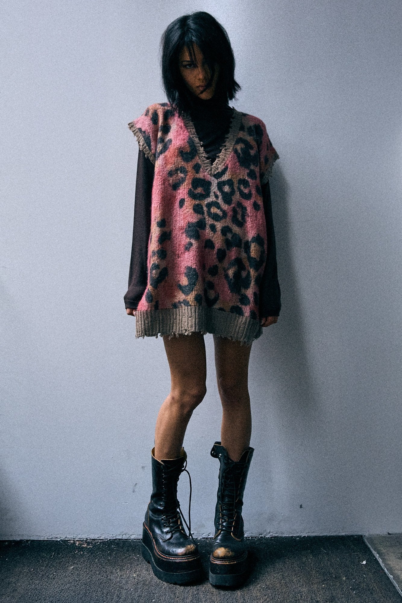 Oversized Sweater Vest Dress - Pink Leopard - R13