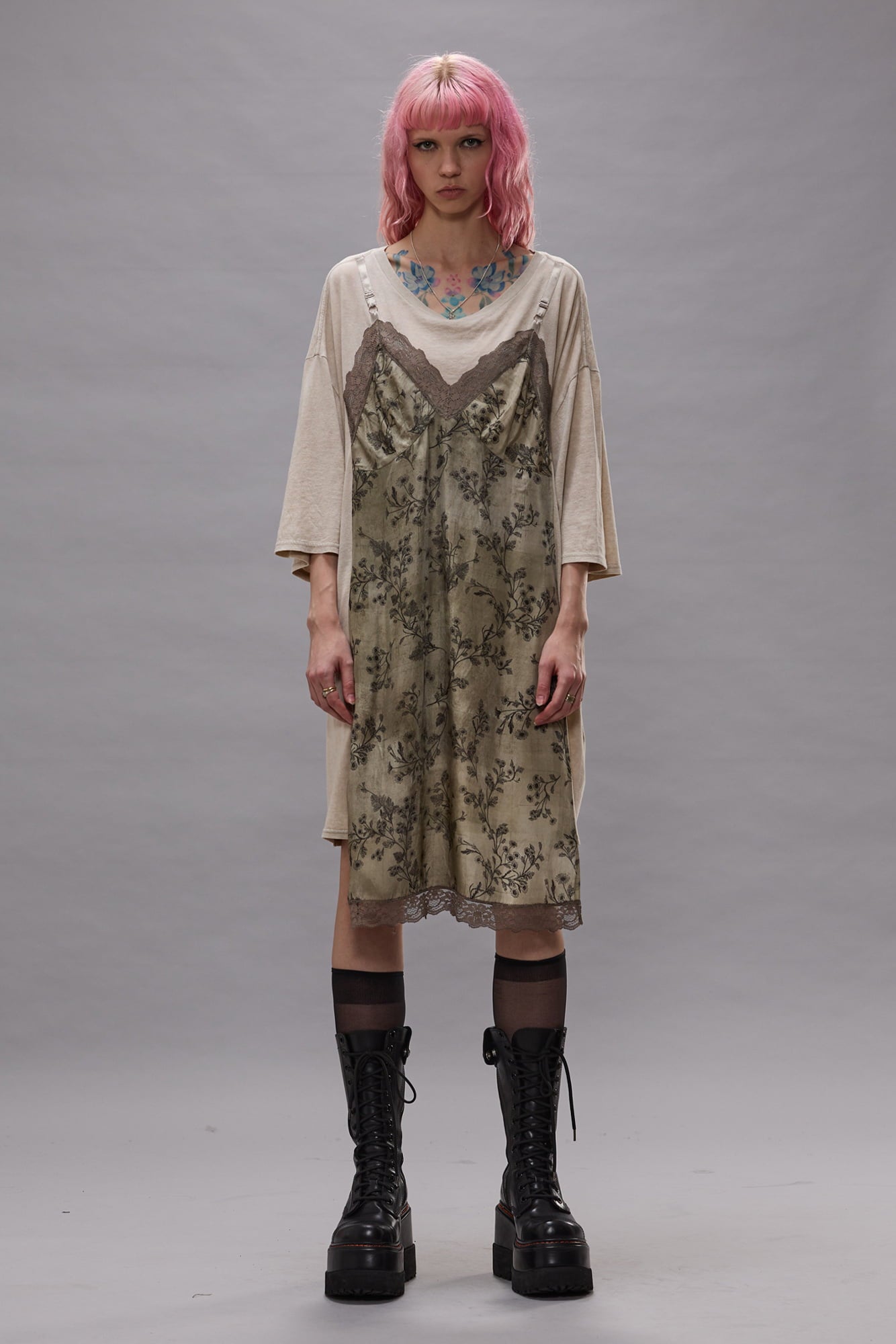 Oversized Tee Dress With Slip - Acid Khaki Stone With Green Floral - R13