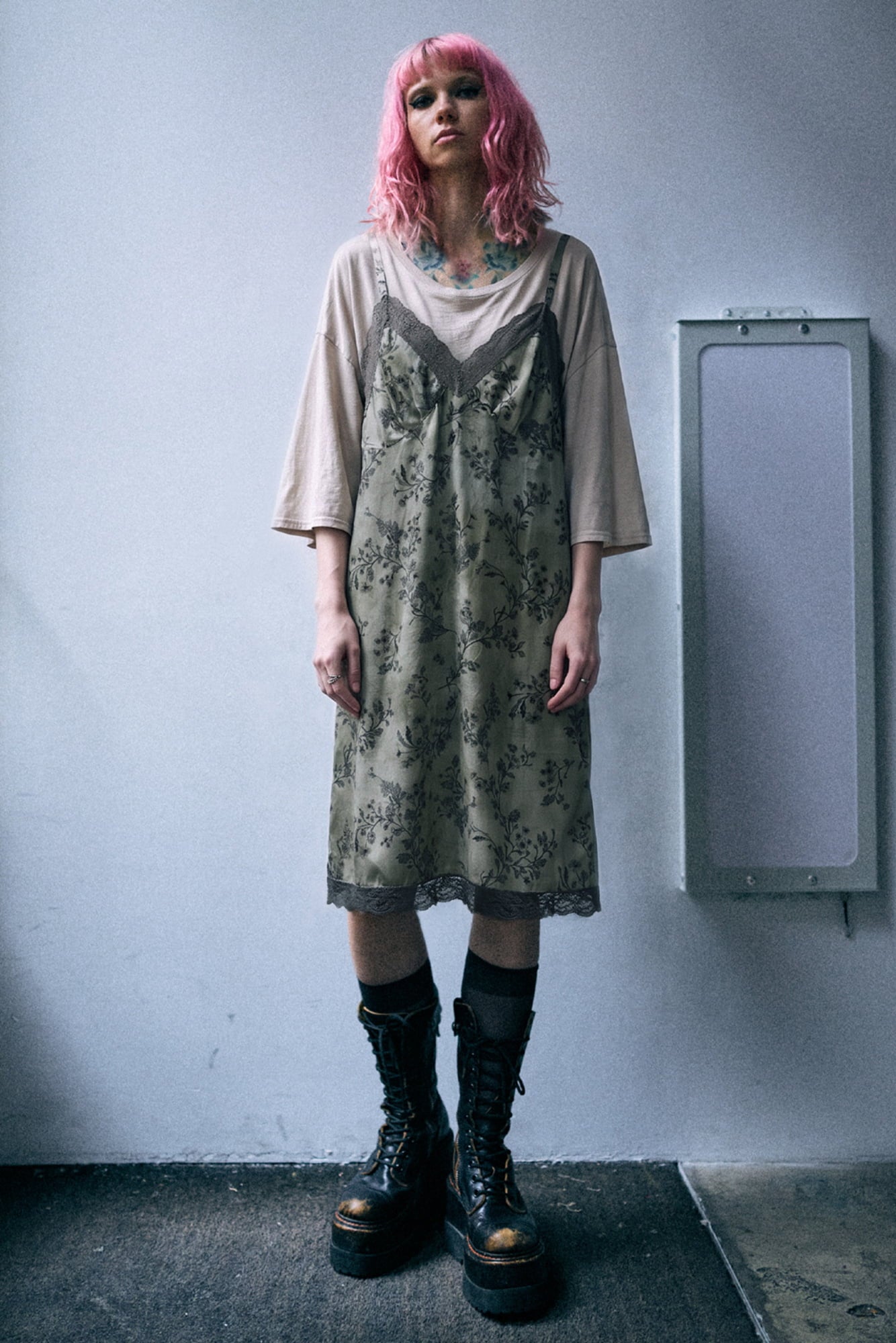 Oversized Tee Dress With Slip - Acid Khaki Stone With Green Floral - R13