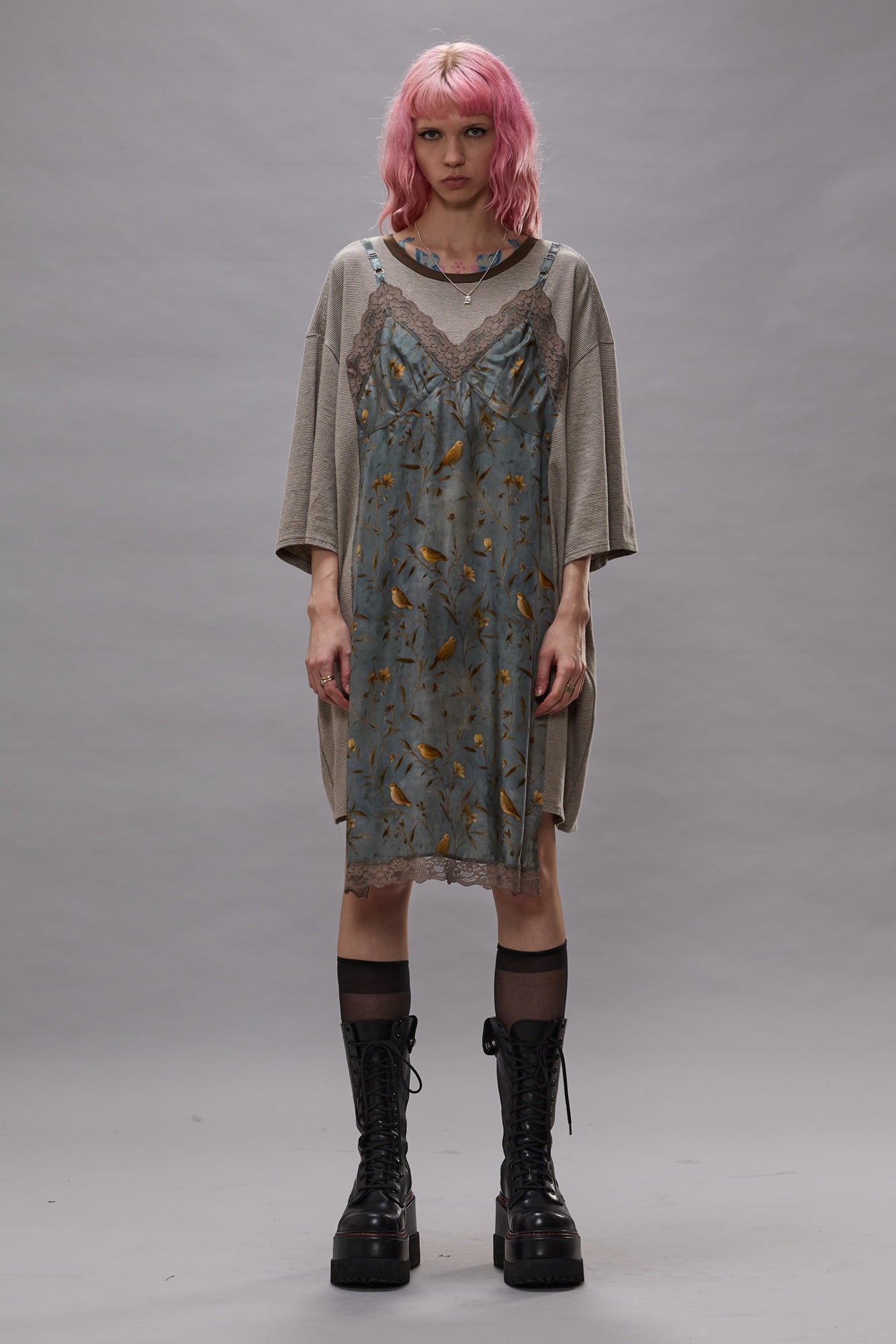 Oversized Tee Dress With Slip - Khaki Stripe - R13