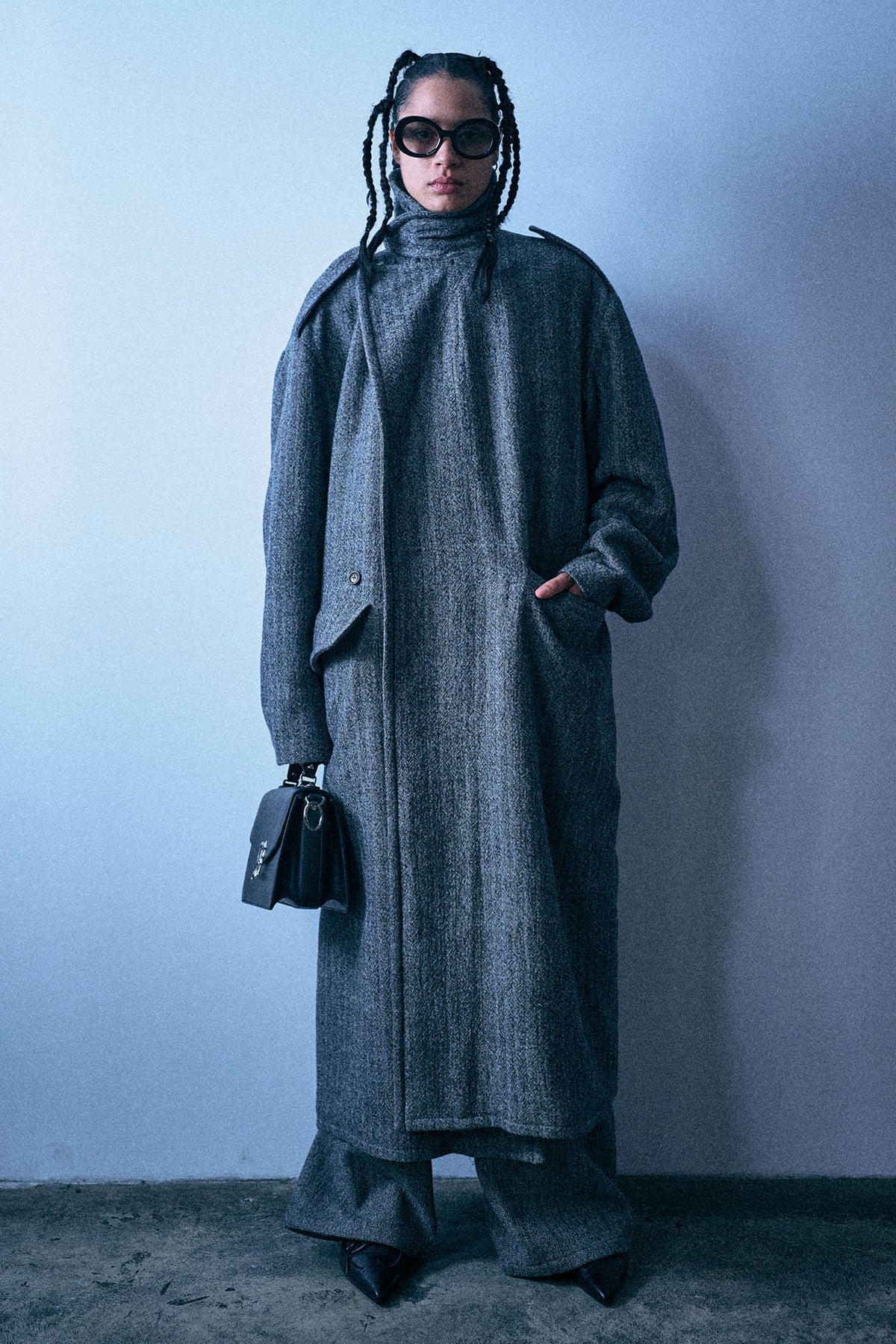 Padded Double Breasted Coat - Black And White Herringbone - R13