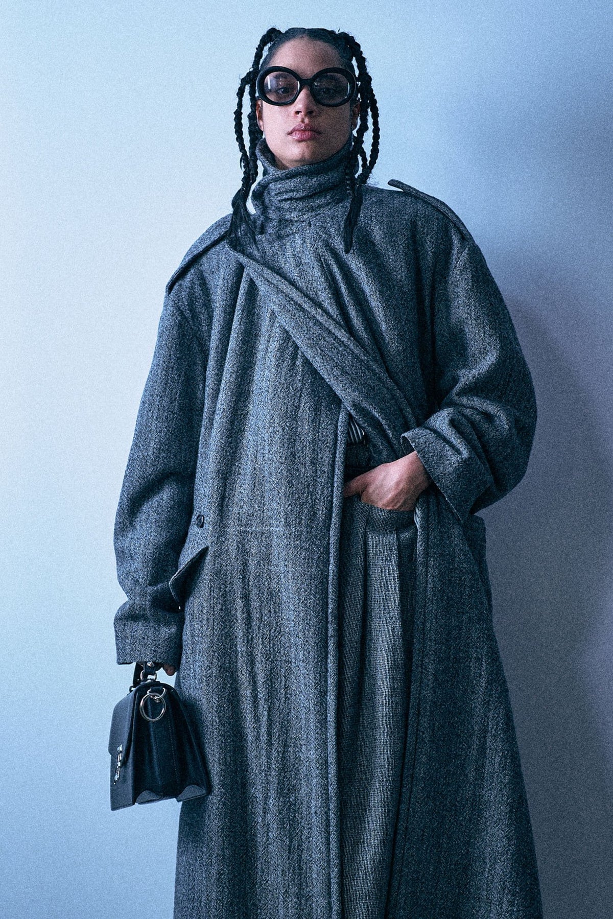 Padded Double Breasted Coat - Black And White Herringbone - R13