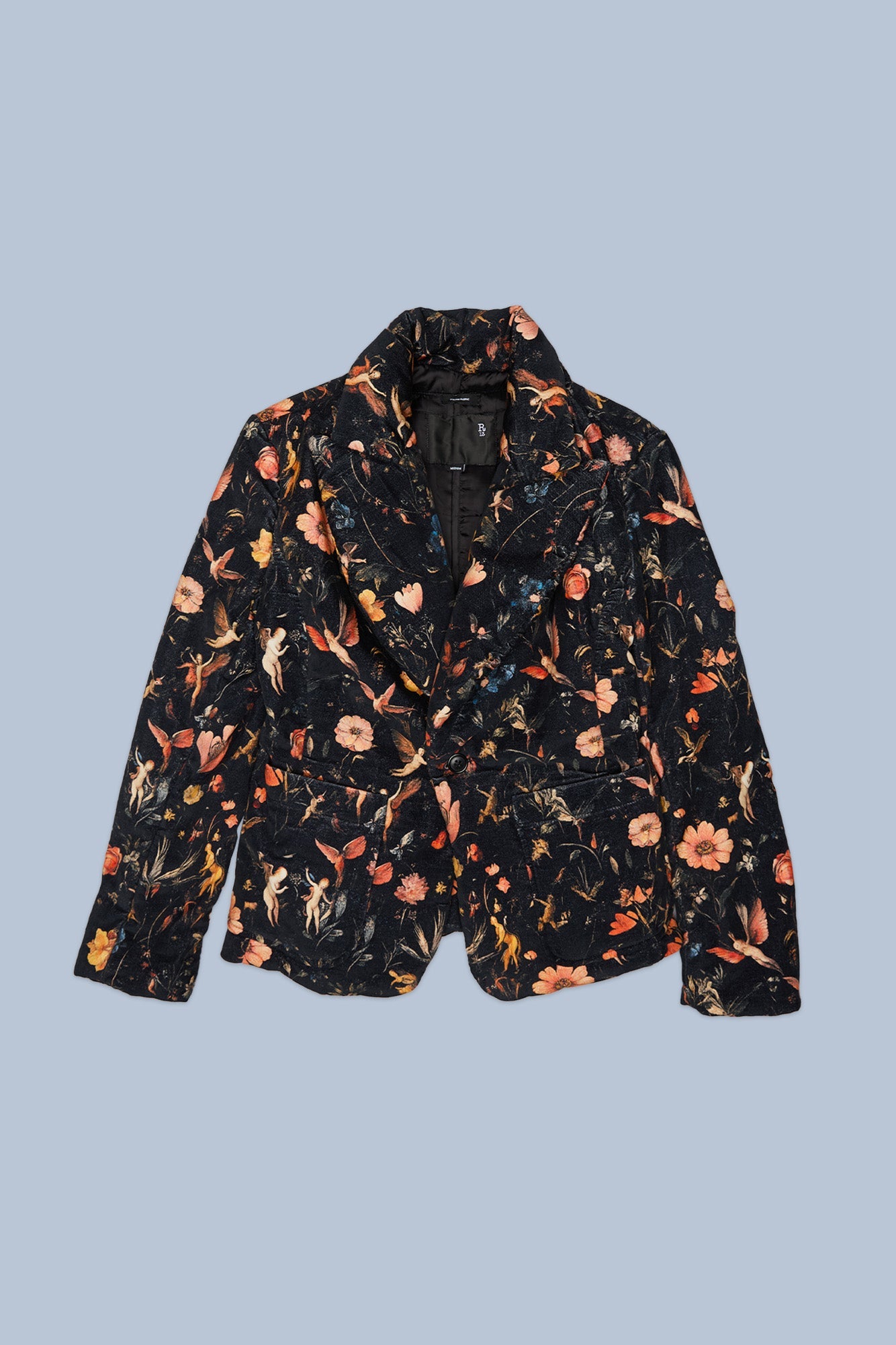 PADDED PEAK LAPEL SHRUNKEN BLAZER - FLORAL WITH ANGELS BLACK - R13
