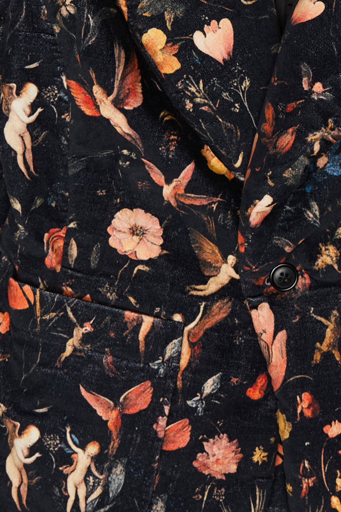 PADDED PEAK LAPEL SHRUNKEN BLAZER - FLORAL WITH ANGELS BLACK - R13