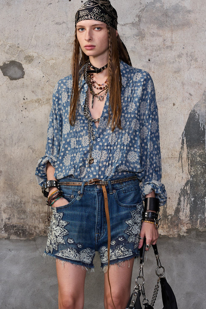 PINTUCK DROP NECK SHIRT - BLUE INDIGO MEDALLION