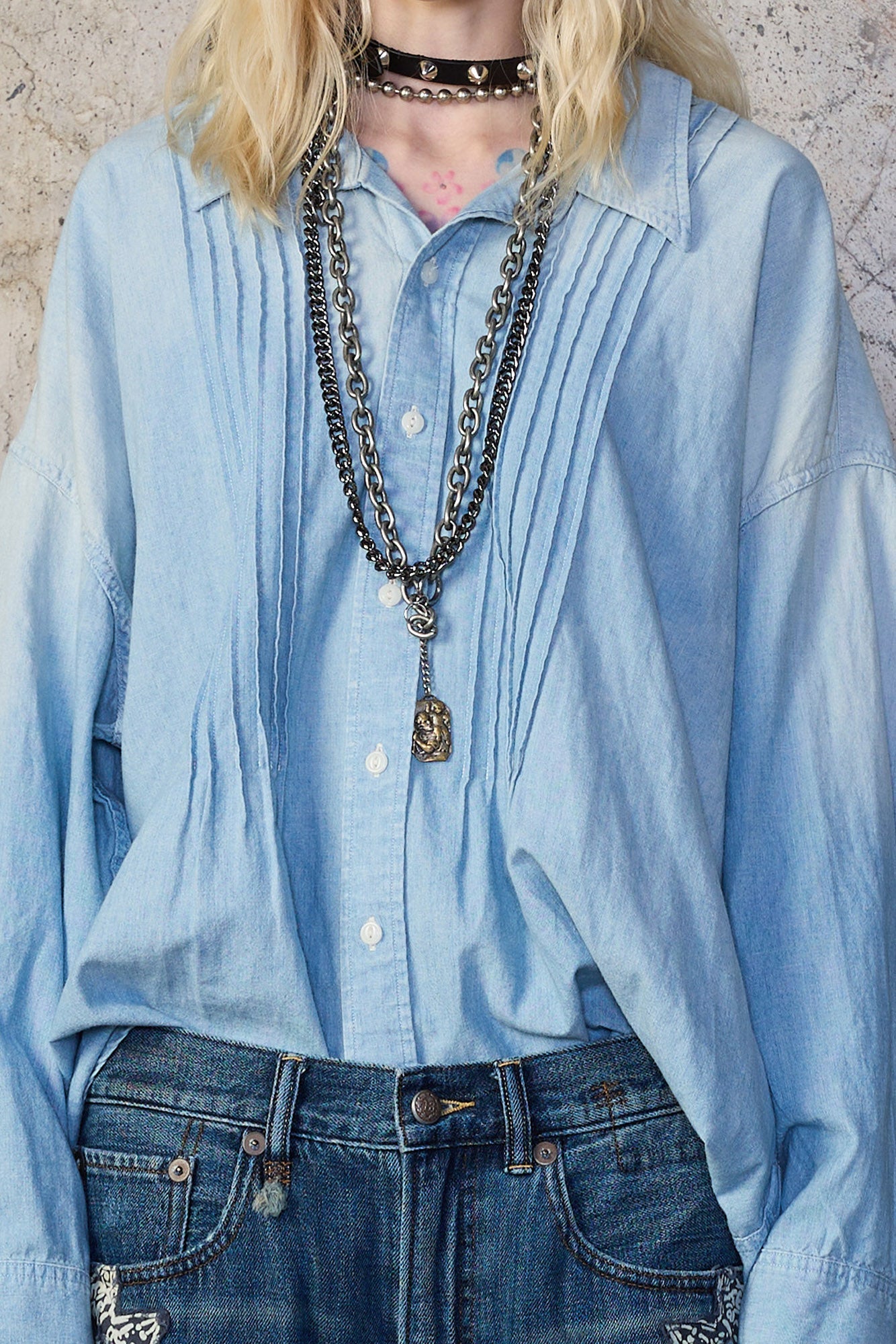PINTUCK DROPNECK SHIRT - WORN BLUE CHAMBRAY - R13