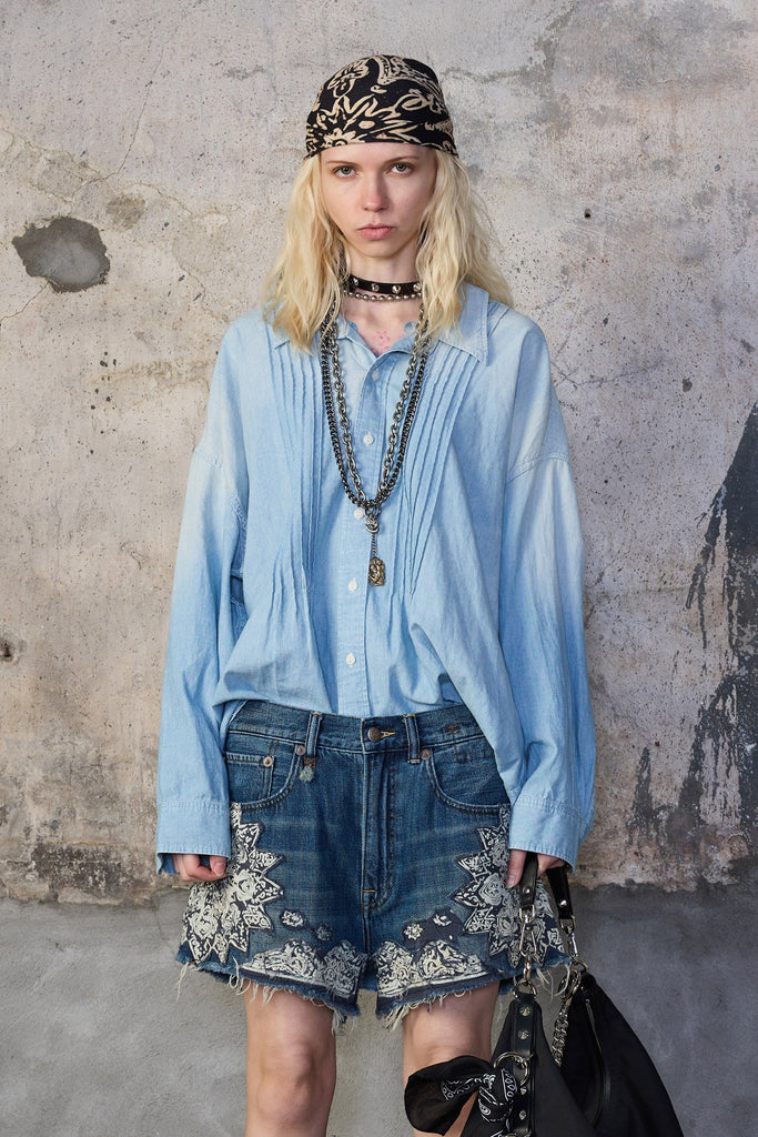 PINTUCK DROPNECK SHIRT - WORN BLUE CHAMBRAY