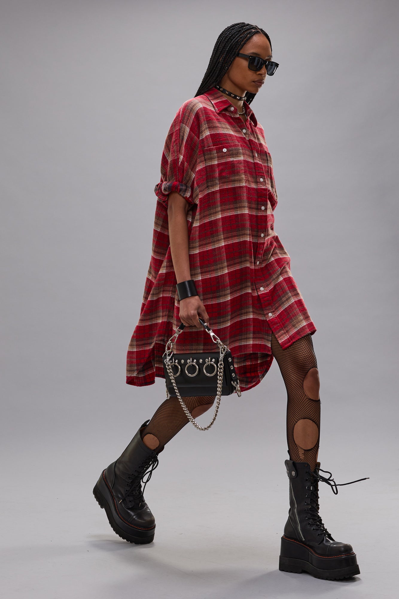PLAID OVERSIZED BOXY SHIRTDRESS - RED PLAID