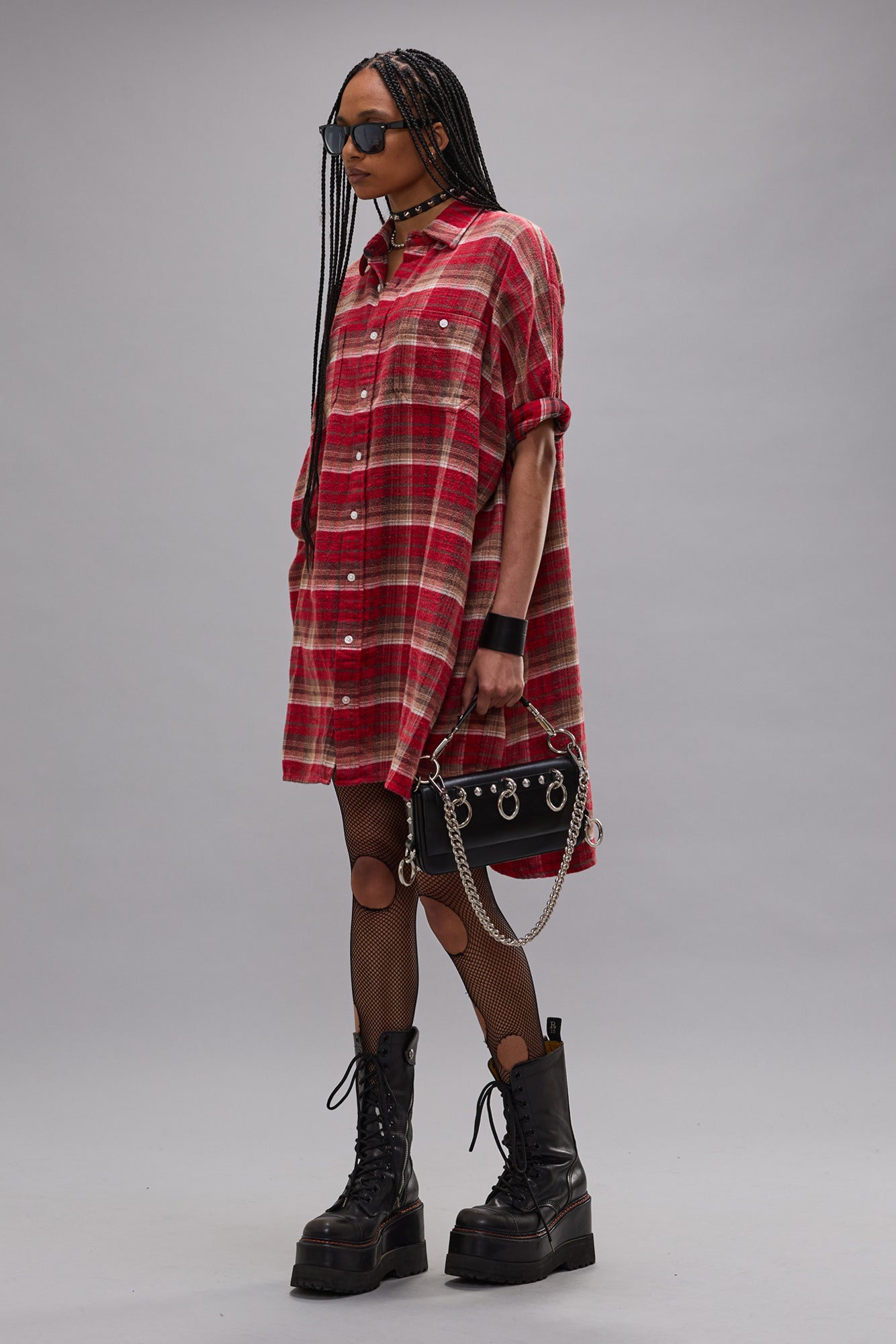 PLAID OVERSIZED BOXY SHIRTDRESS - RED PLAID - R13
