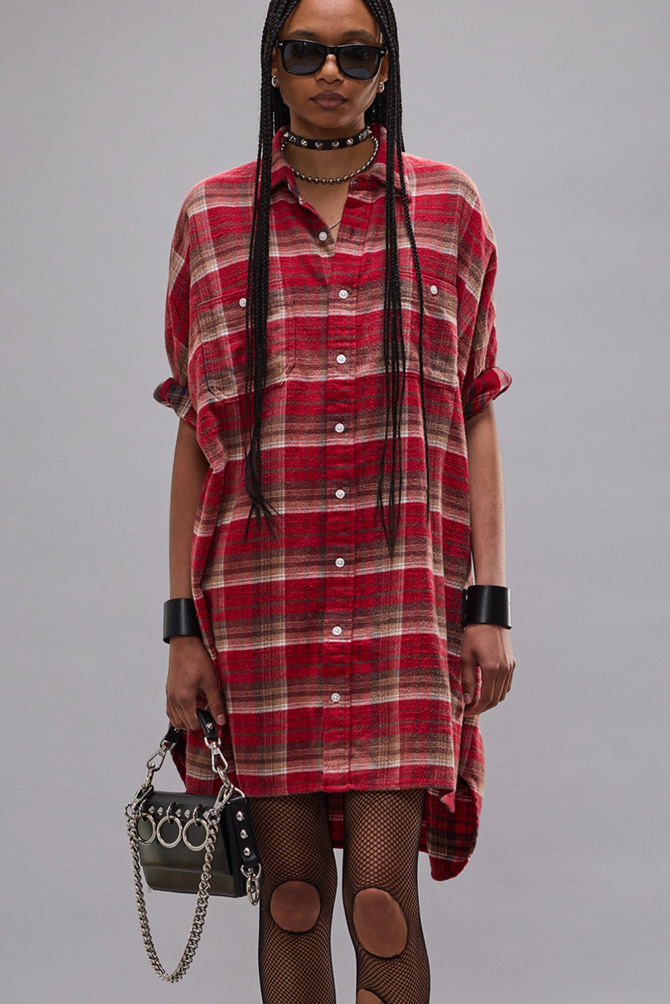 PLAID OVERSIZED BOXY SHIRTDRESS - RED PLAID - R13