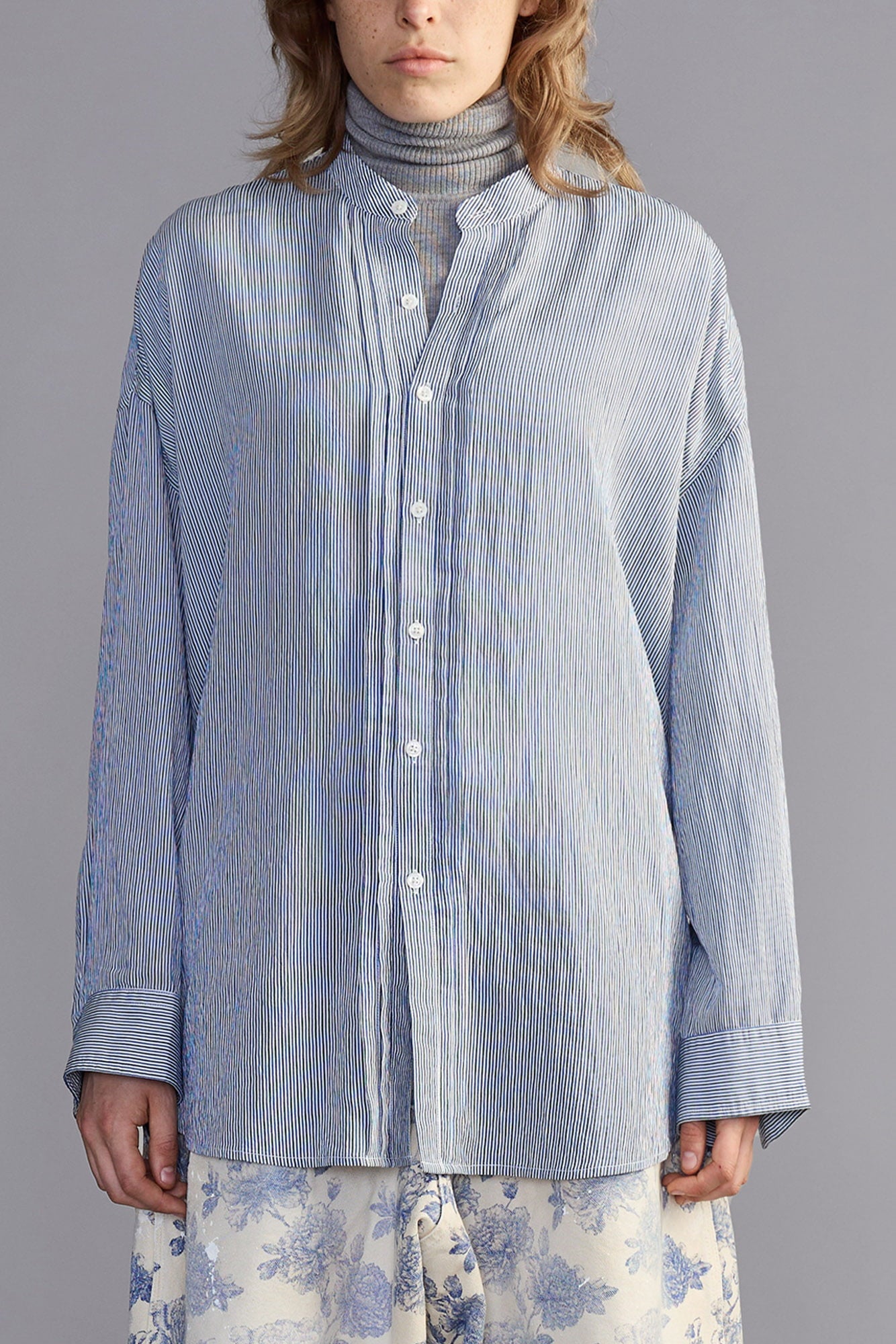 Pleated Front Shirt - Blue Stripe - R13