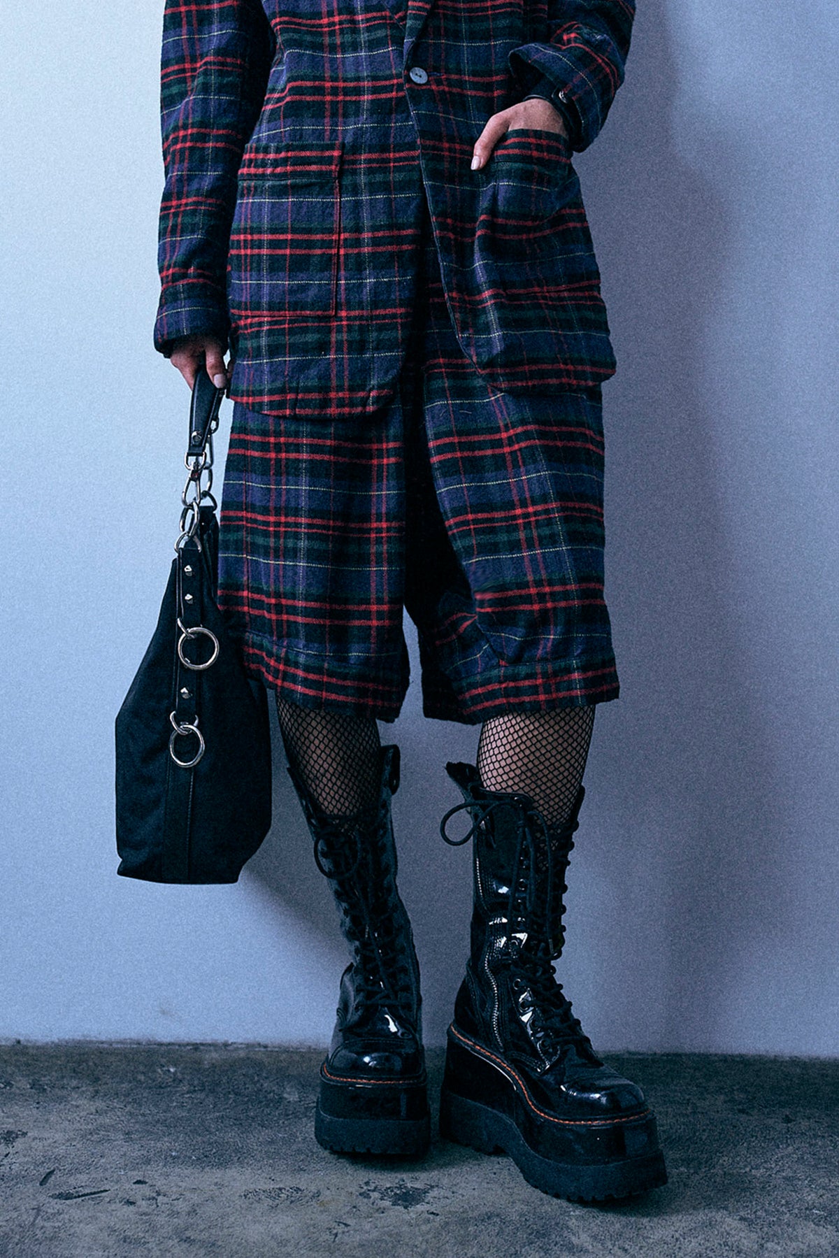 Pleated Jumbo Pj Short With Elastic Waist - Navy Green Red Plaid - R13