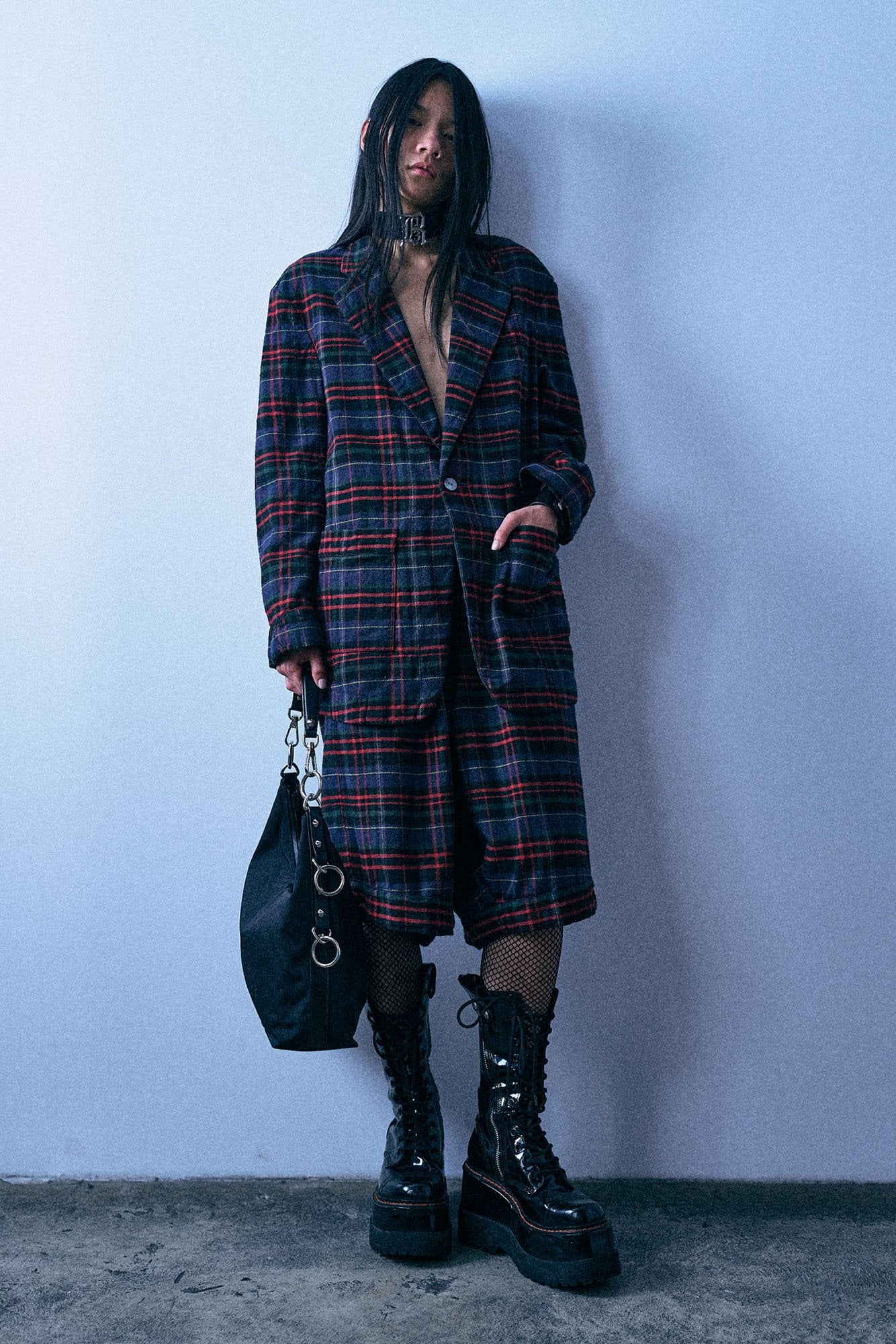 Pleated Jumbo Pj Short With Elastic Waist - Navy Green Red Plaid