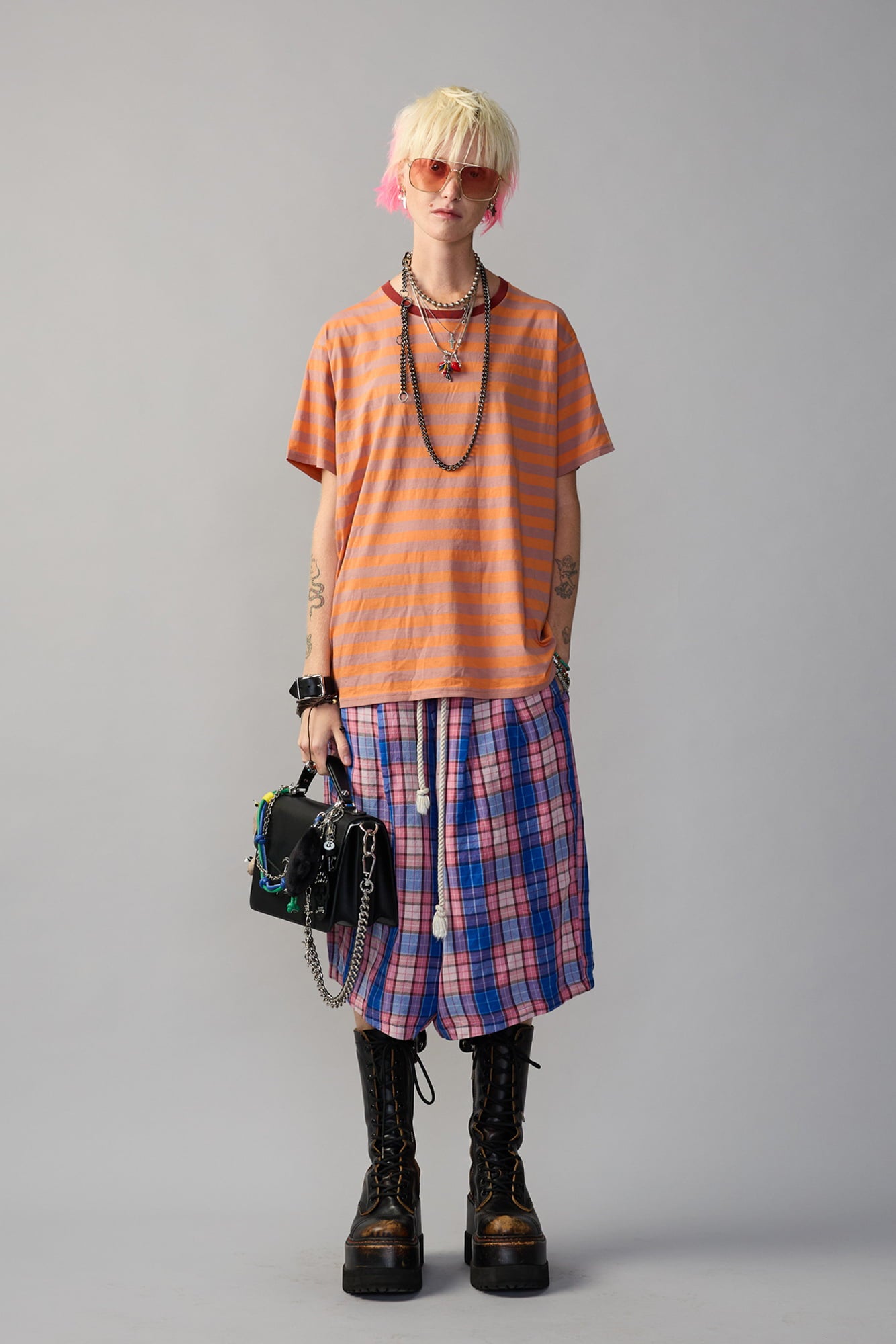 Pleated Jumbo Short With Elastic Waist - Blue Pink Plaid - R13
