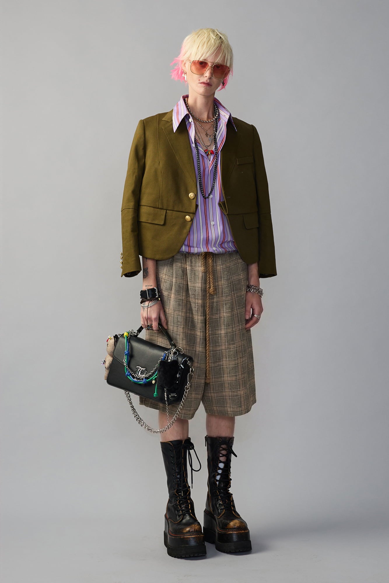 PLEATED JUMBO SHORT WITH ELASTIC WAIST - SMALL KHAKI PLAID - R13