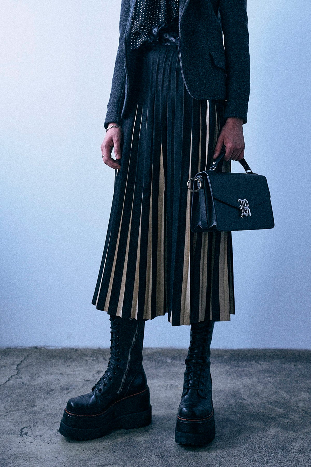 Pleated Midi Skirt - Black And Cream Wide Stripe - R13