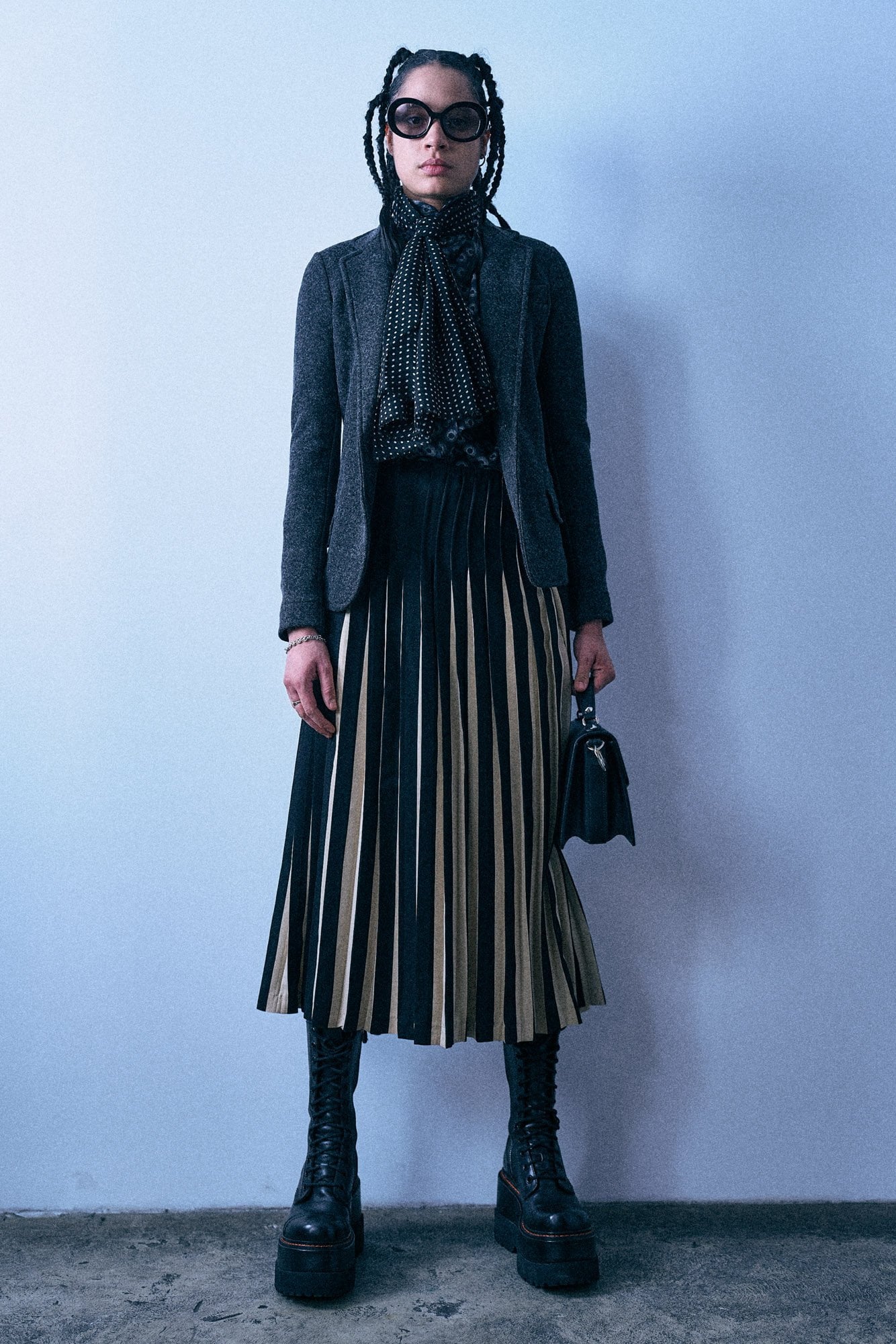 Pleated Midi Skirt - Black And Cream Wide Stripe