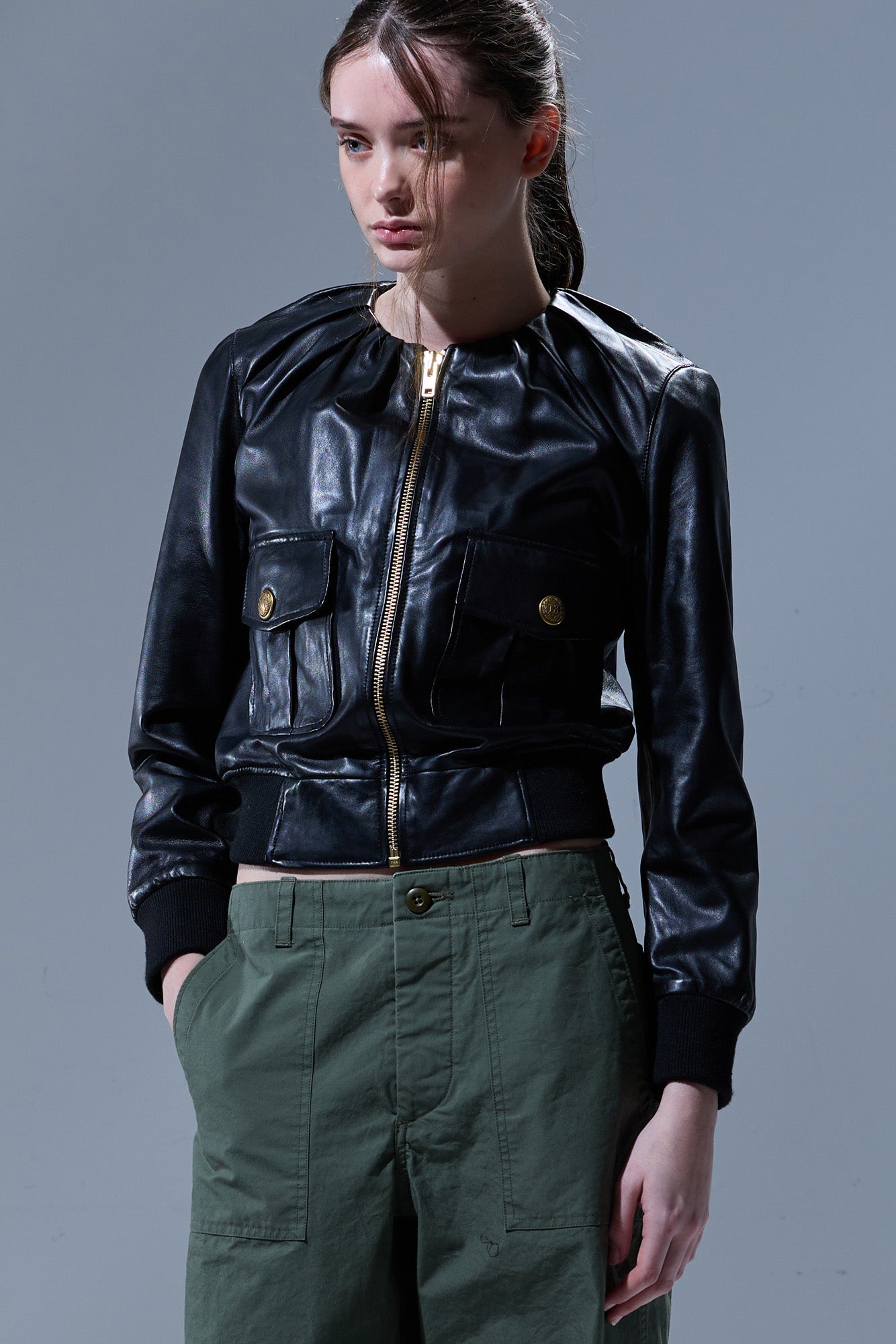 PLEATED NECK LEATHER JACKET - BLACK - R13