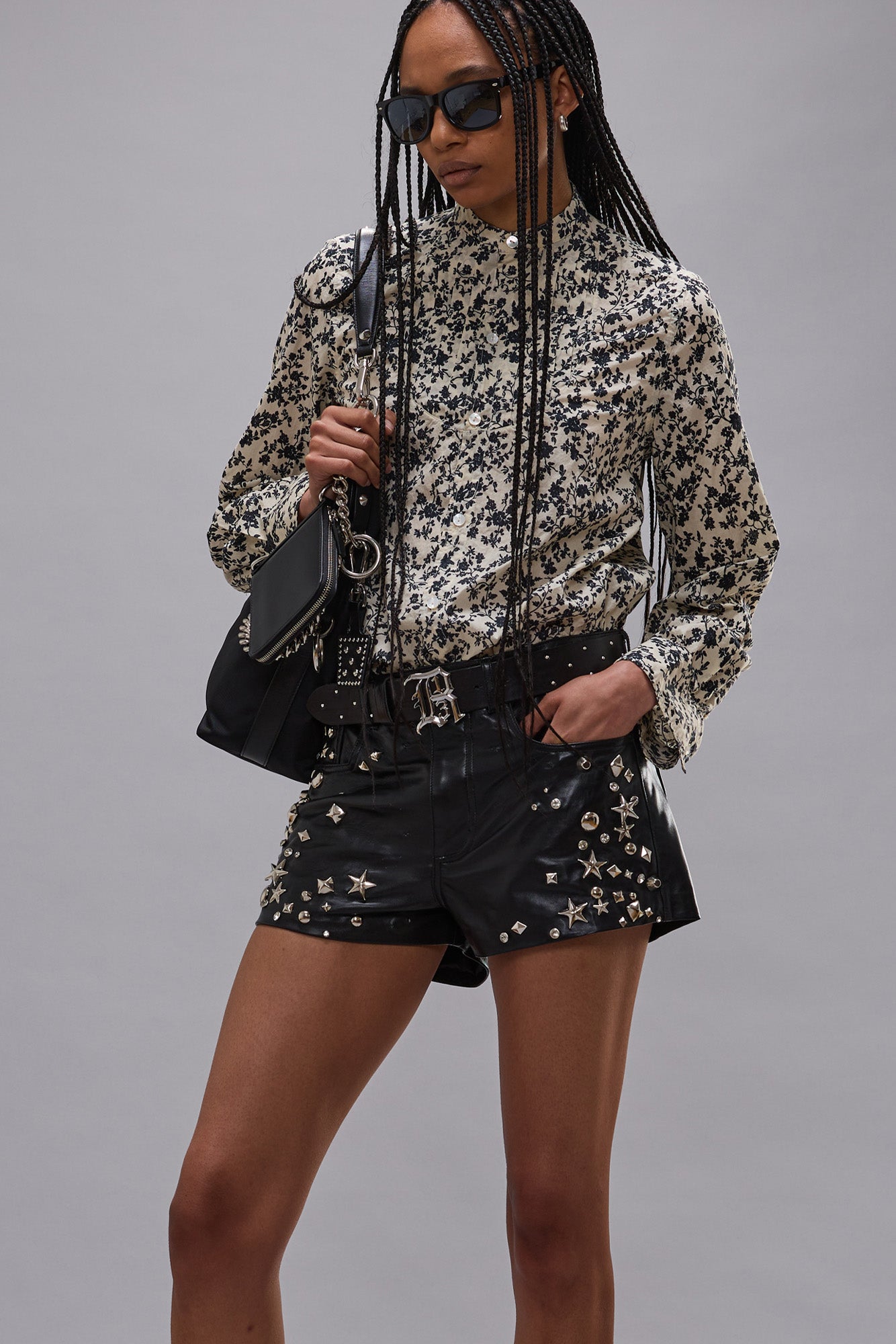 PLEATED TUXEDO FRONT SHIRT - BLACK FLORAL ON ECRU - R13